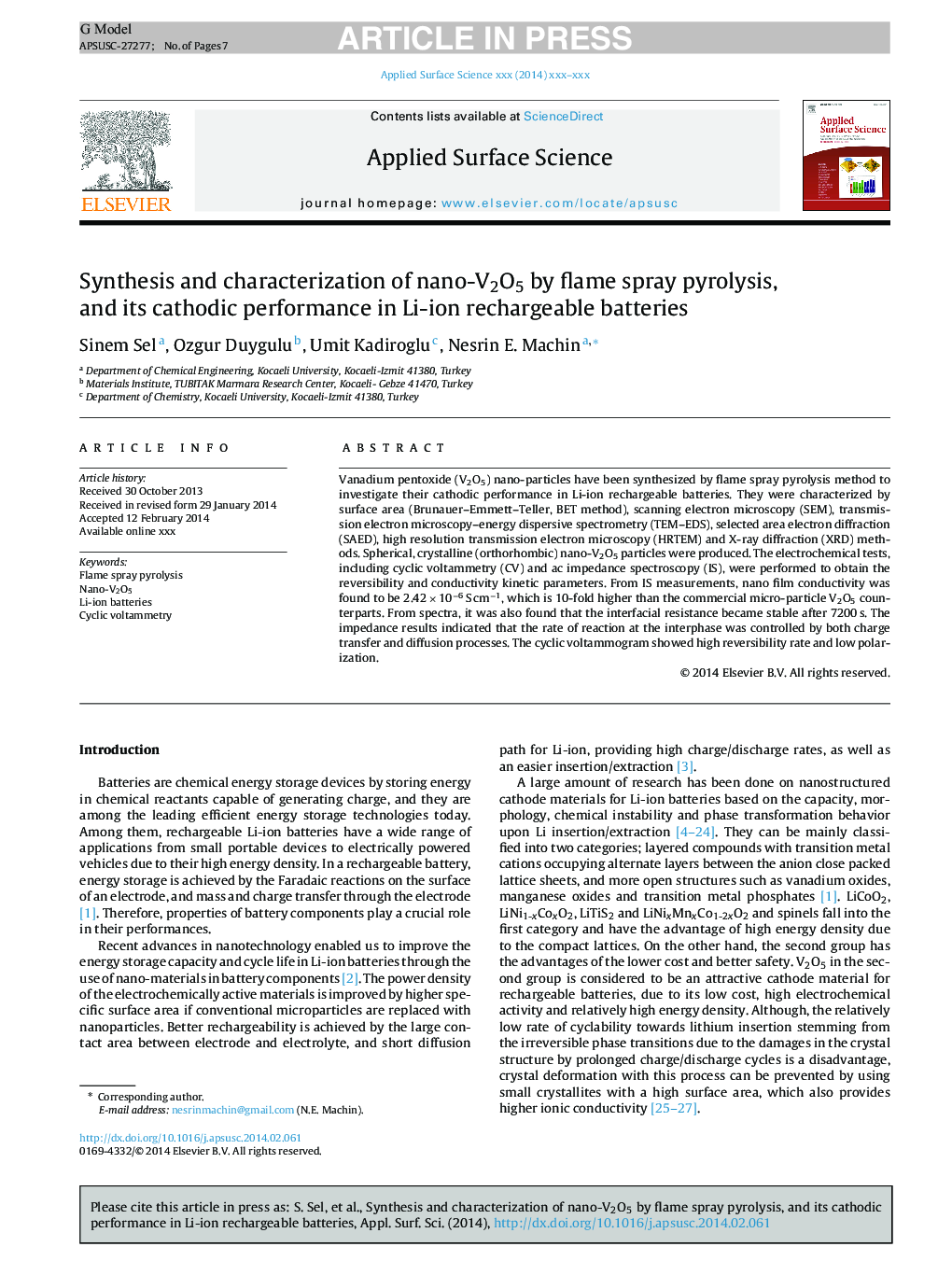 Synthesis and characterization of nano-V2O5 by flame spray pyrolysis, and its cathodic performance in Li-ion rechargeable batteries