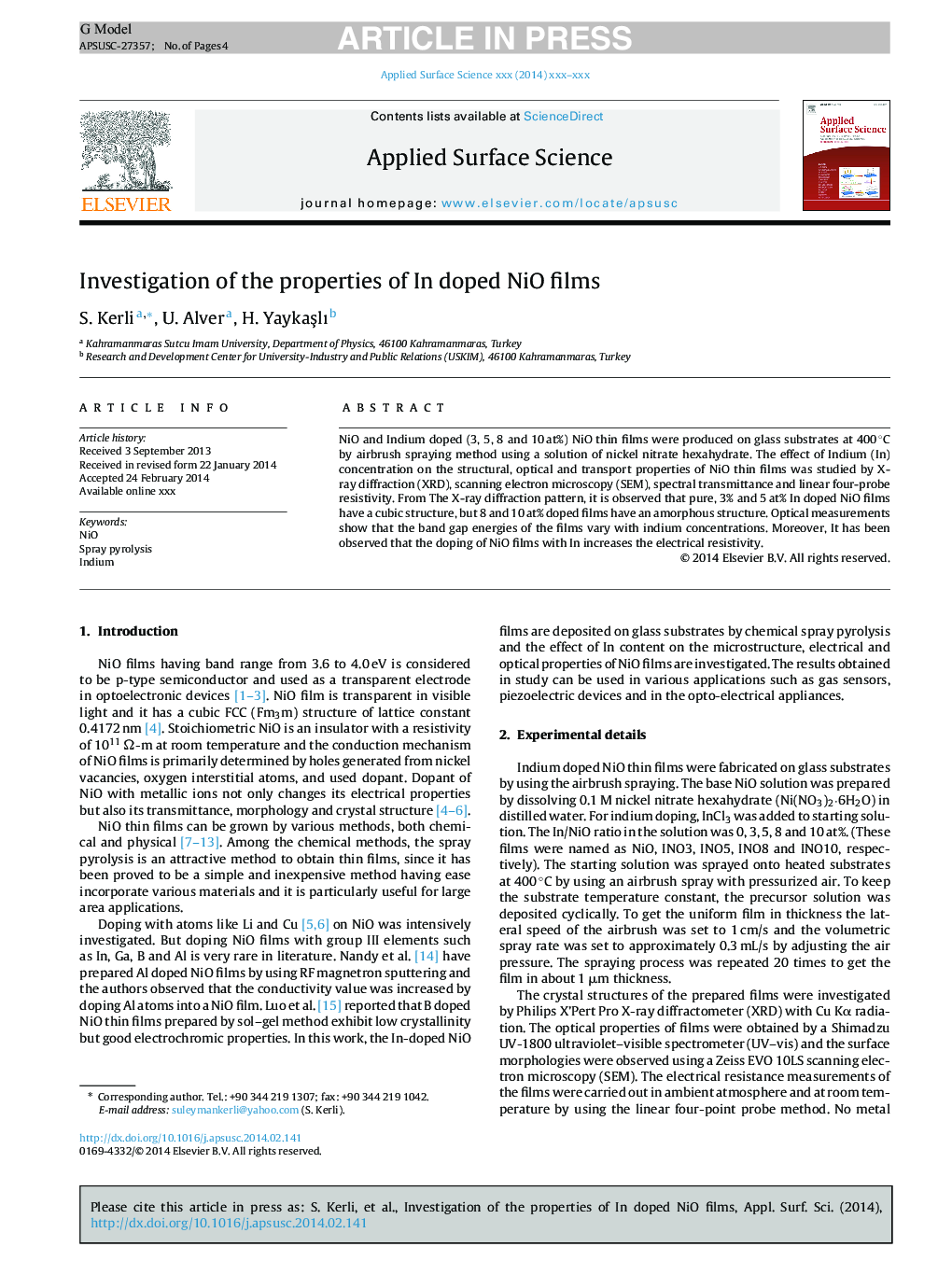 Investigation of the properties of In doped NiO films