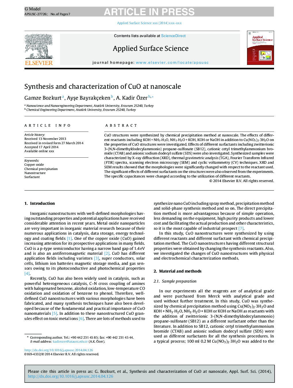 Synthesis and characterization of CuO at nanoscale