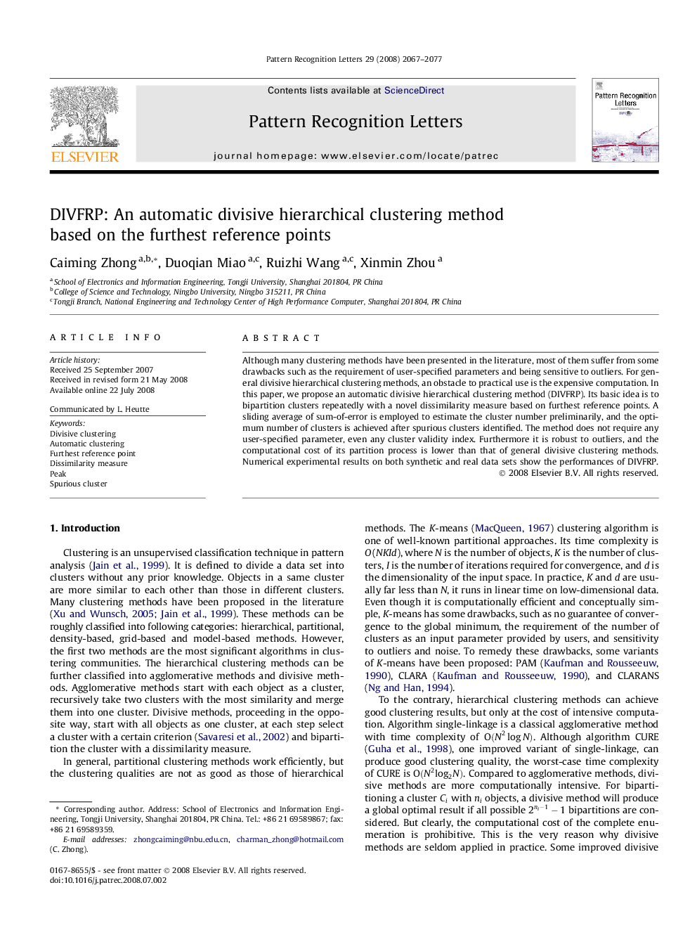 DIVFRP: An automatic divisive hierarchical clustering method based on the furthest reference points