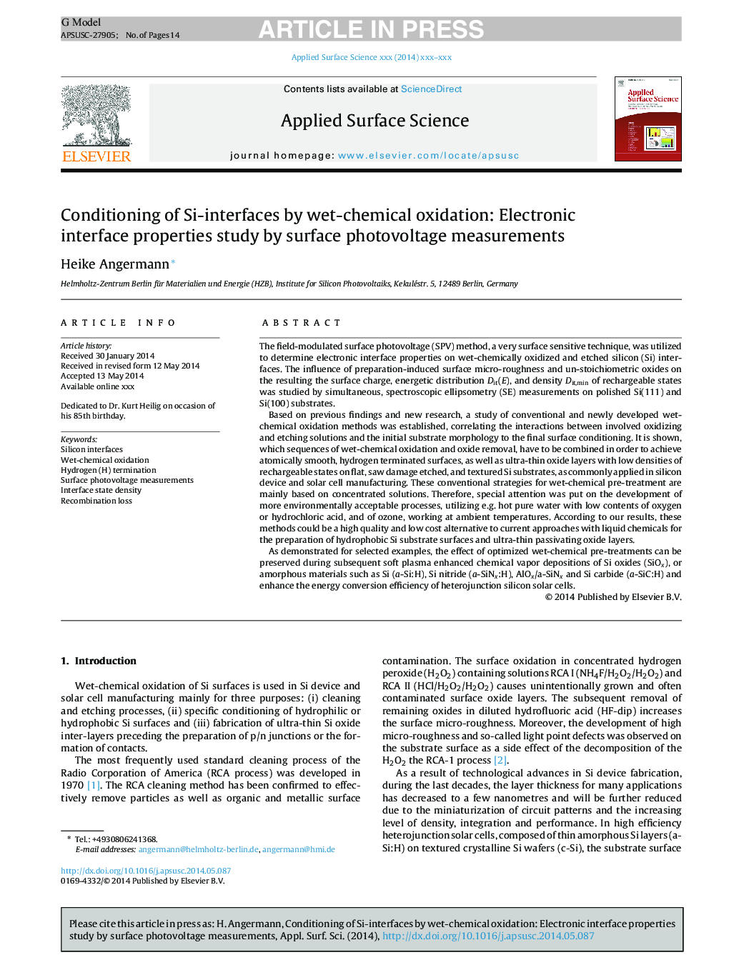 Conditioning of Si-interfaces by wet-chemical oxidation: Electronic interface properties study by surface photovoltage measurements