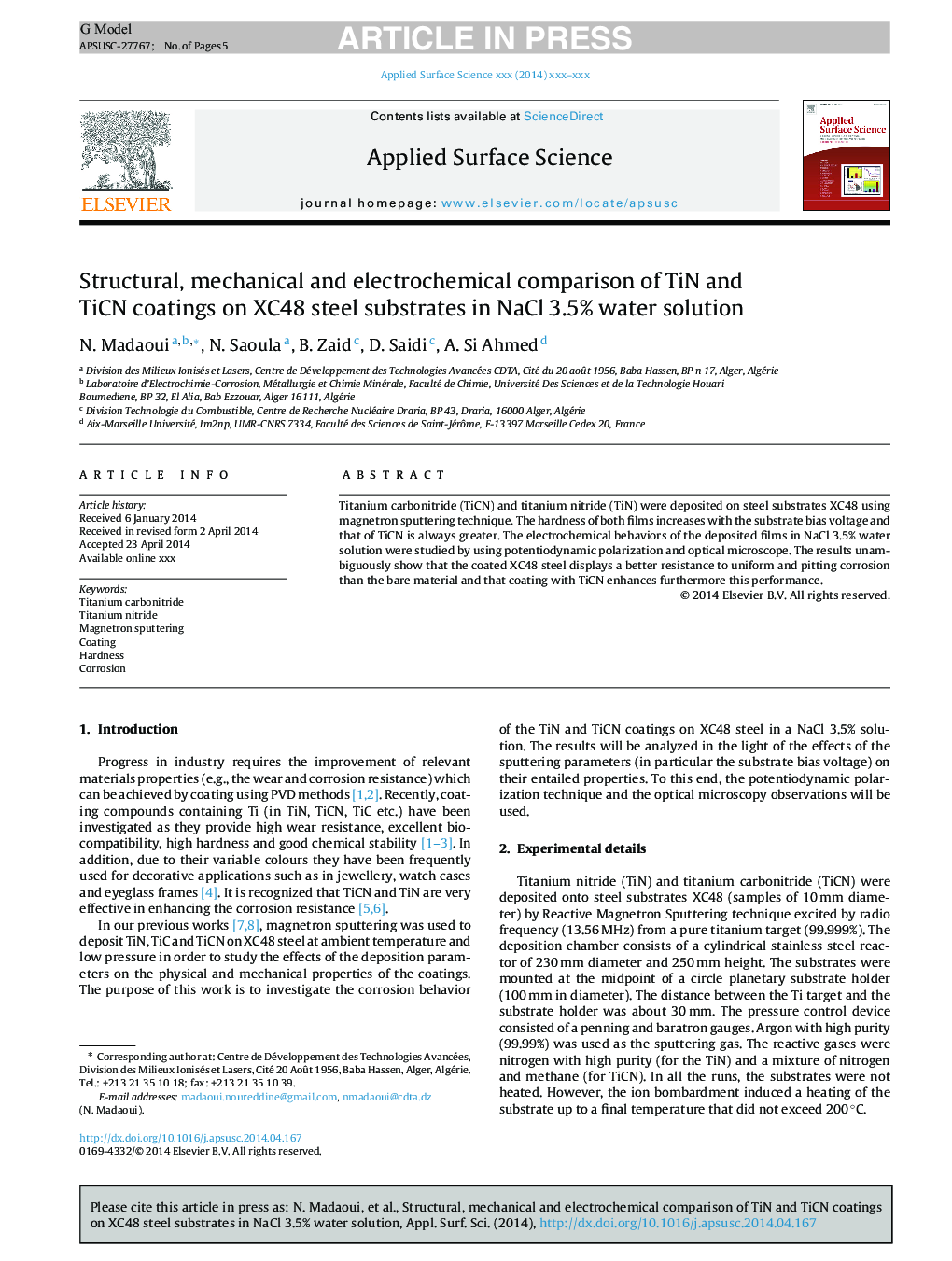 Structural, mechanical and electrochemical comparison of TiN and TiCN coatings on XC48 steel substrates in NaCl 3.5% water solution