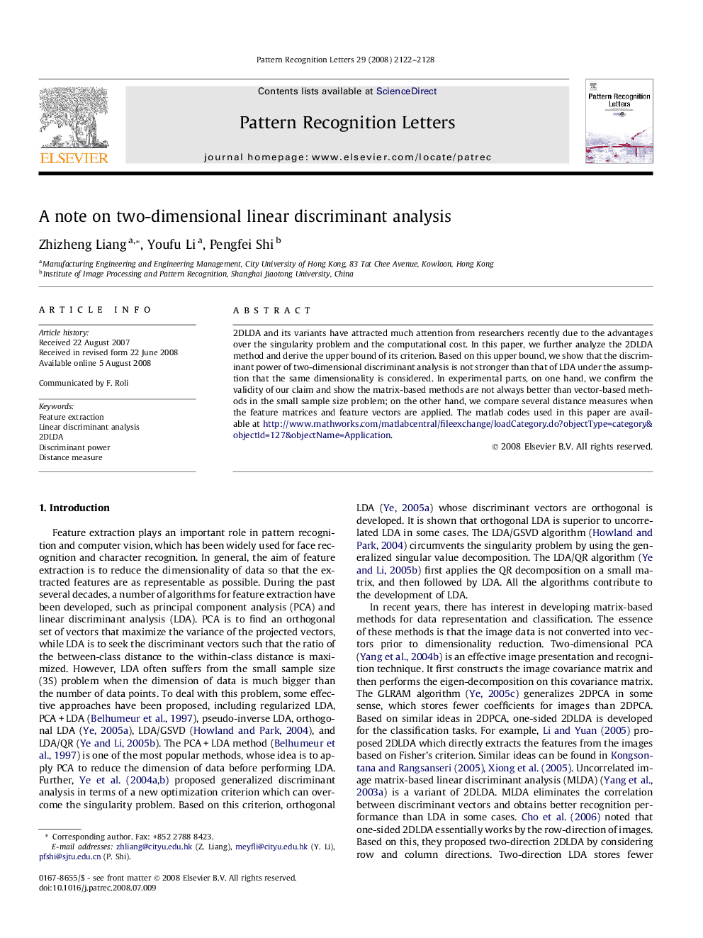 A note on two-dimensional linear discriminant analysis