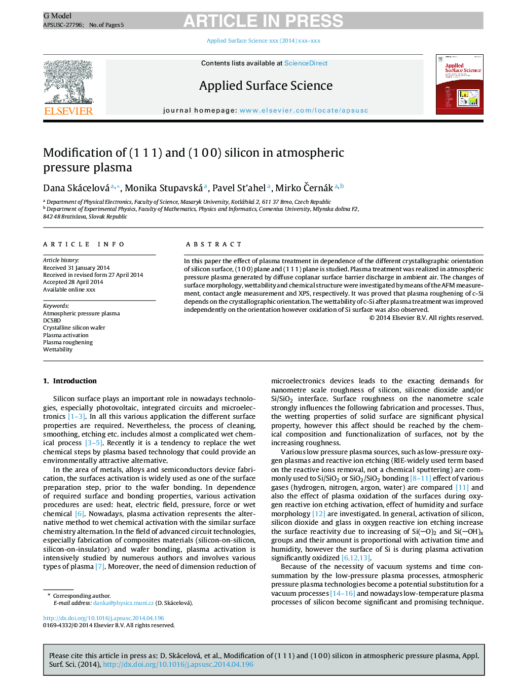 Modification of (1Â 1Â 1) and (1Â 0Â 0) silicon in atmospheric pressure plasma