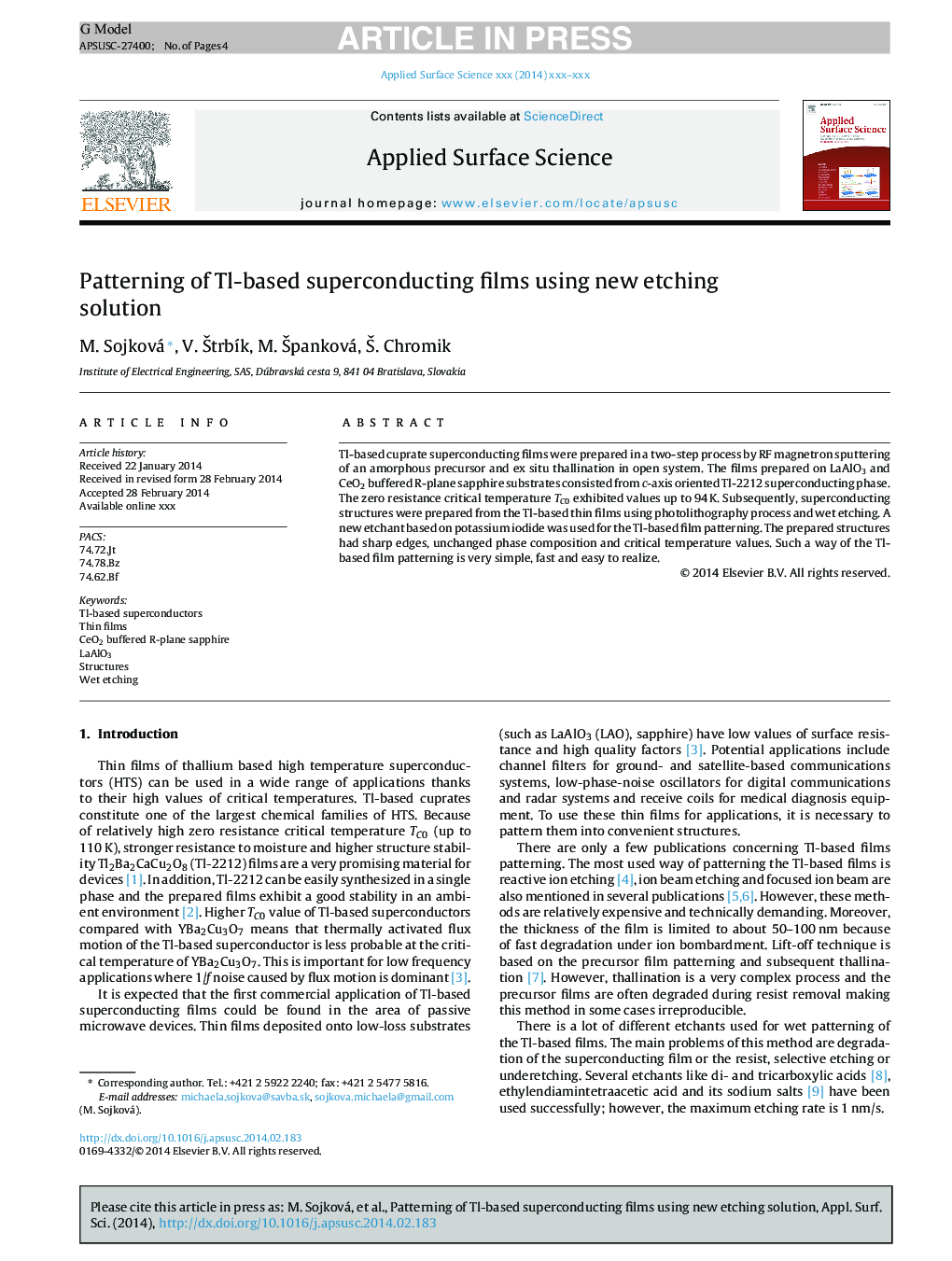 Patterning of Tl-based superconducting films using new etching solution