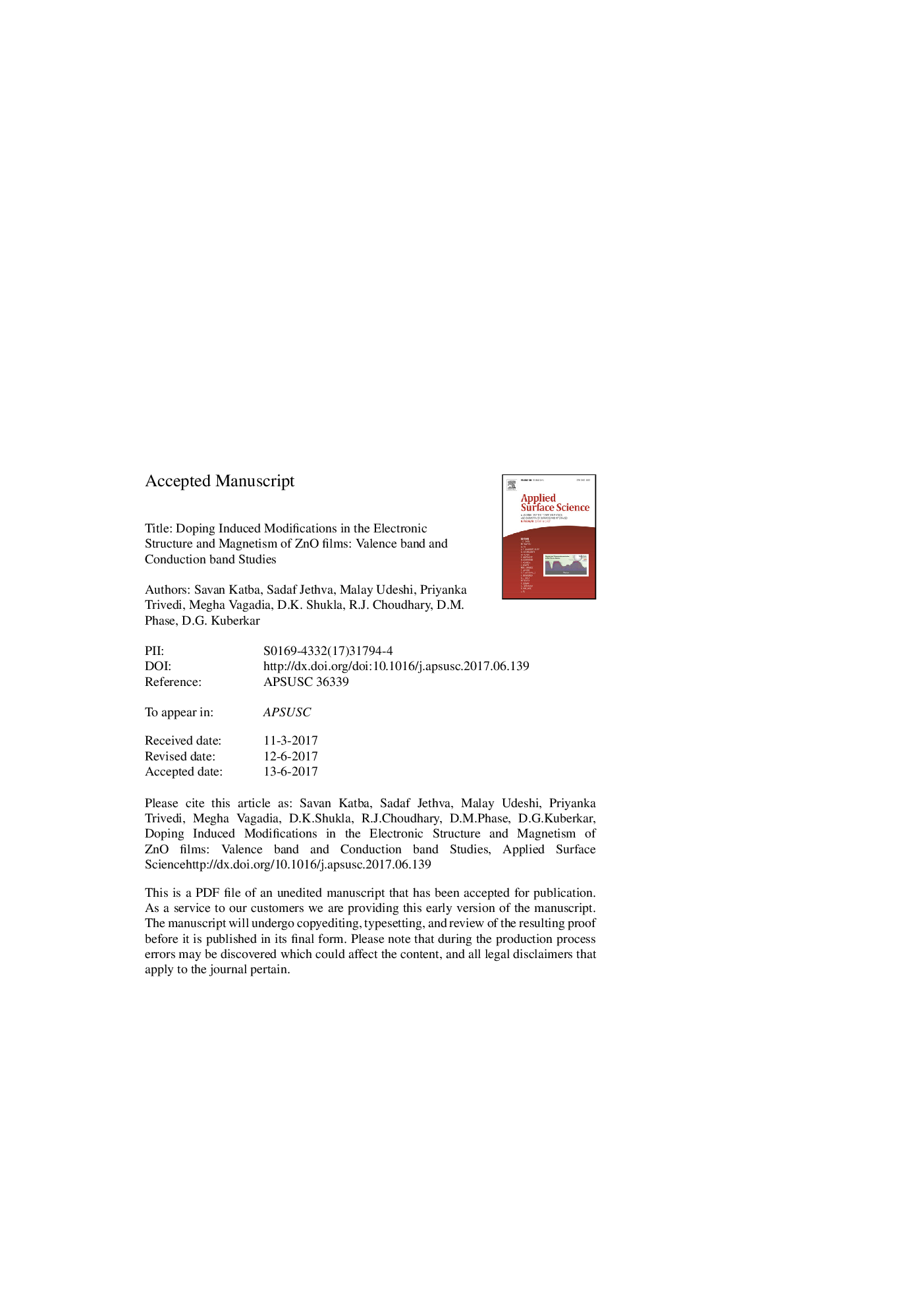 عکس صفحه اول مقاله: Doping induced modifications in the electronic structure and magnetism of ZnO films: Valence band and conduction band studies Doping induced modifications in the electronic structure and magnetism of ZnO films: Valence band and conduction band studies