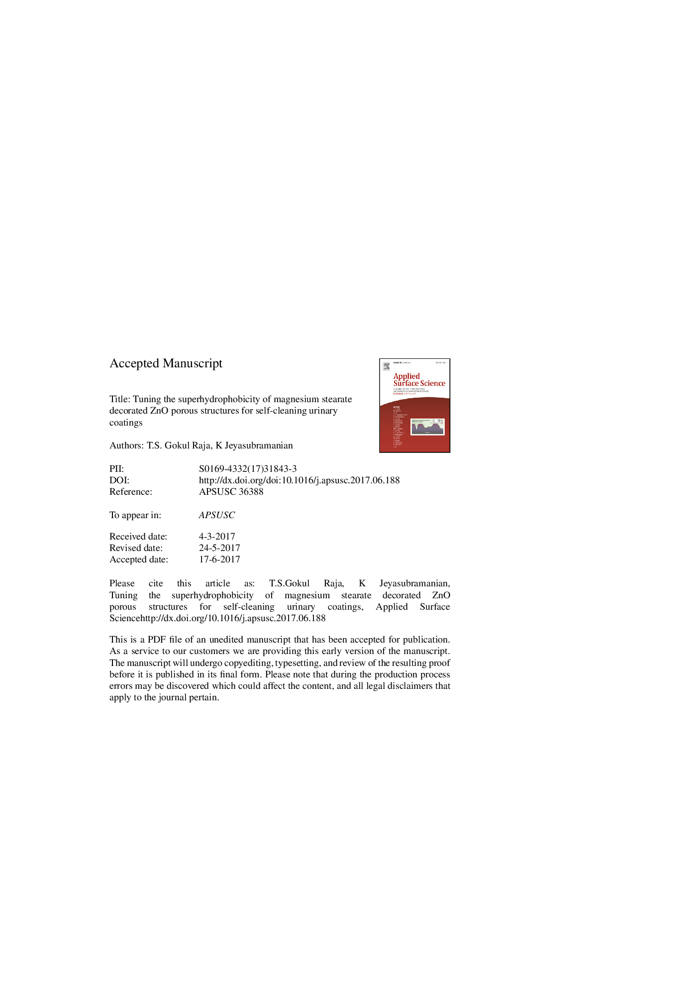عکس صفحه اول مقاله: Tuning the superhydrophobicity of magnesium stearate decorated ZnO porous structures for self-cleaning urinary coatings Tuning the superhydrophobicity of magnesium stearate decorated ZnO porous structures for self-cleaning urinary coatings