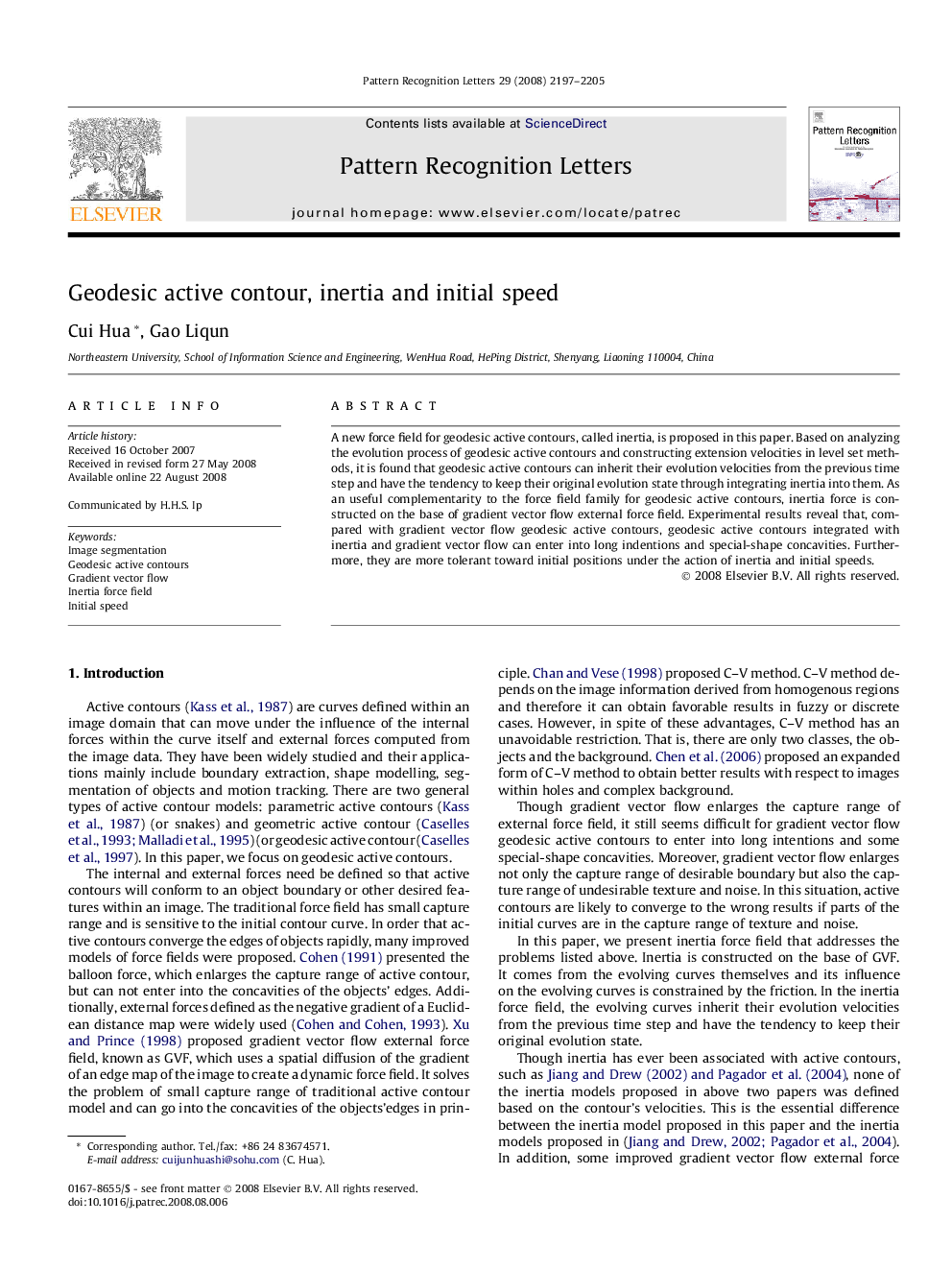 Geodesic active contour, inertia and initial speed