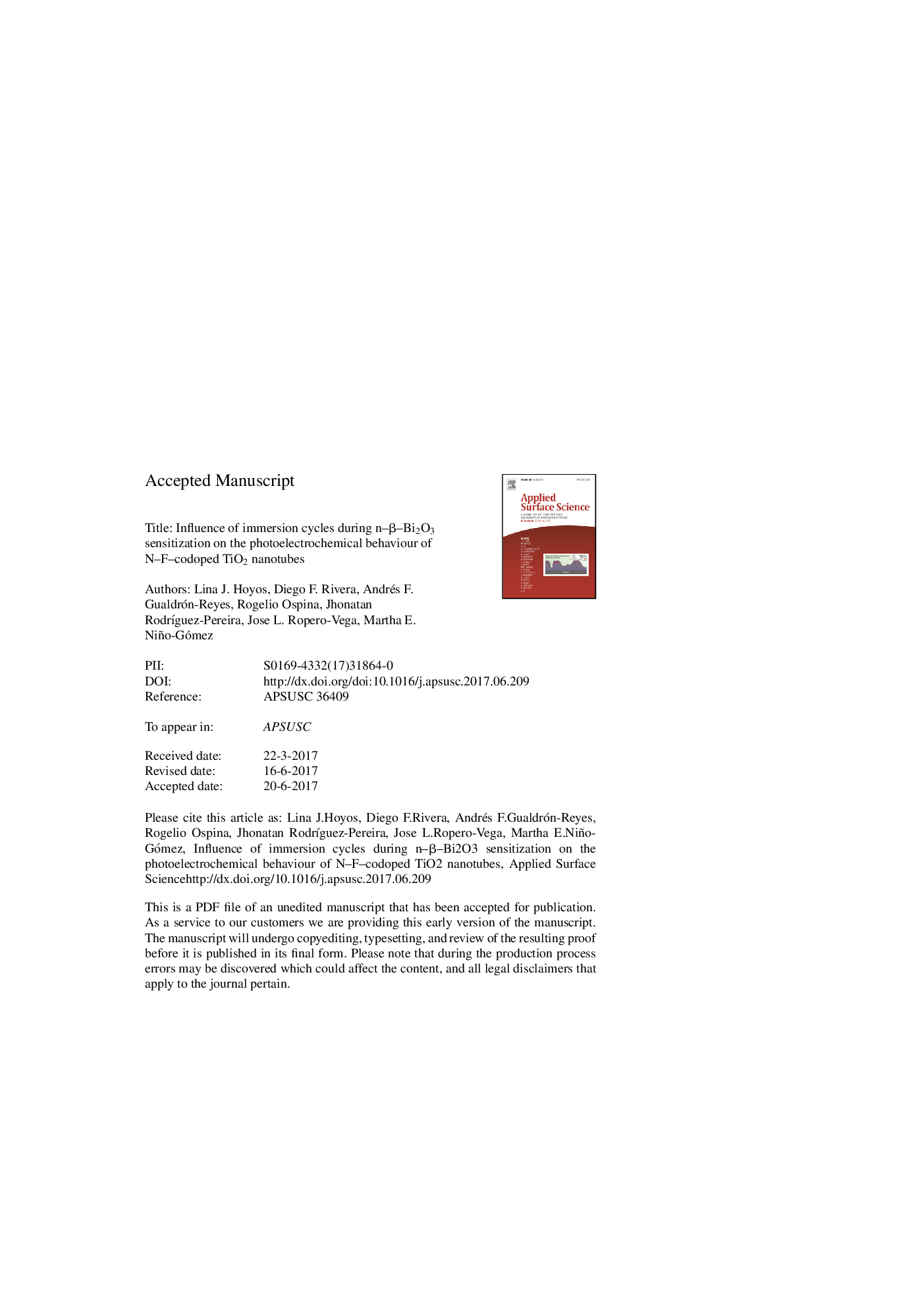 عکس صفحه اول مقاله: Influence of immersion cycles during n-β-Bi2O3 sensitization on the photoelectrochemical behaviour of N-F-codoped TiO2 nanotubes Influence of immersion cycles during n-β-Bi2O3 sensitization on the photoelectrochemical behaviour of N-F-codoped TiO2 nanotubes