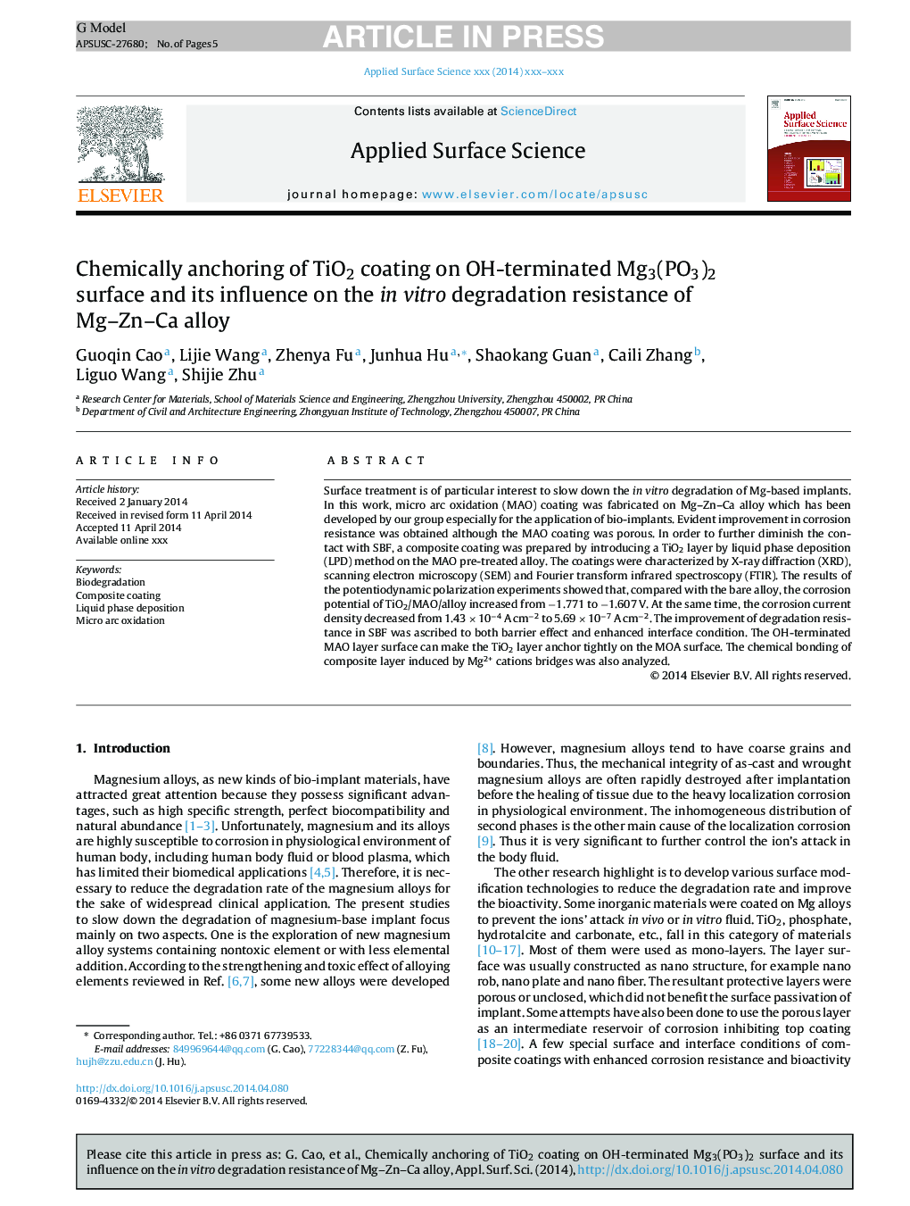 Chemically anchoring of TiO2 coating on OH-terminated Mg3(PO3)2 surface and its influence on the in vitro degradation resistance of Mg-Zn-Ca alloy