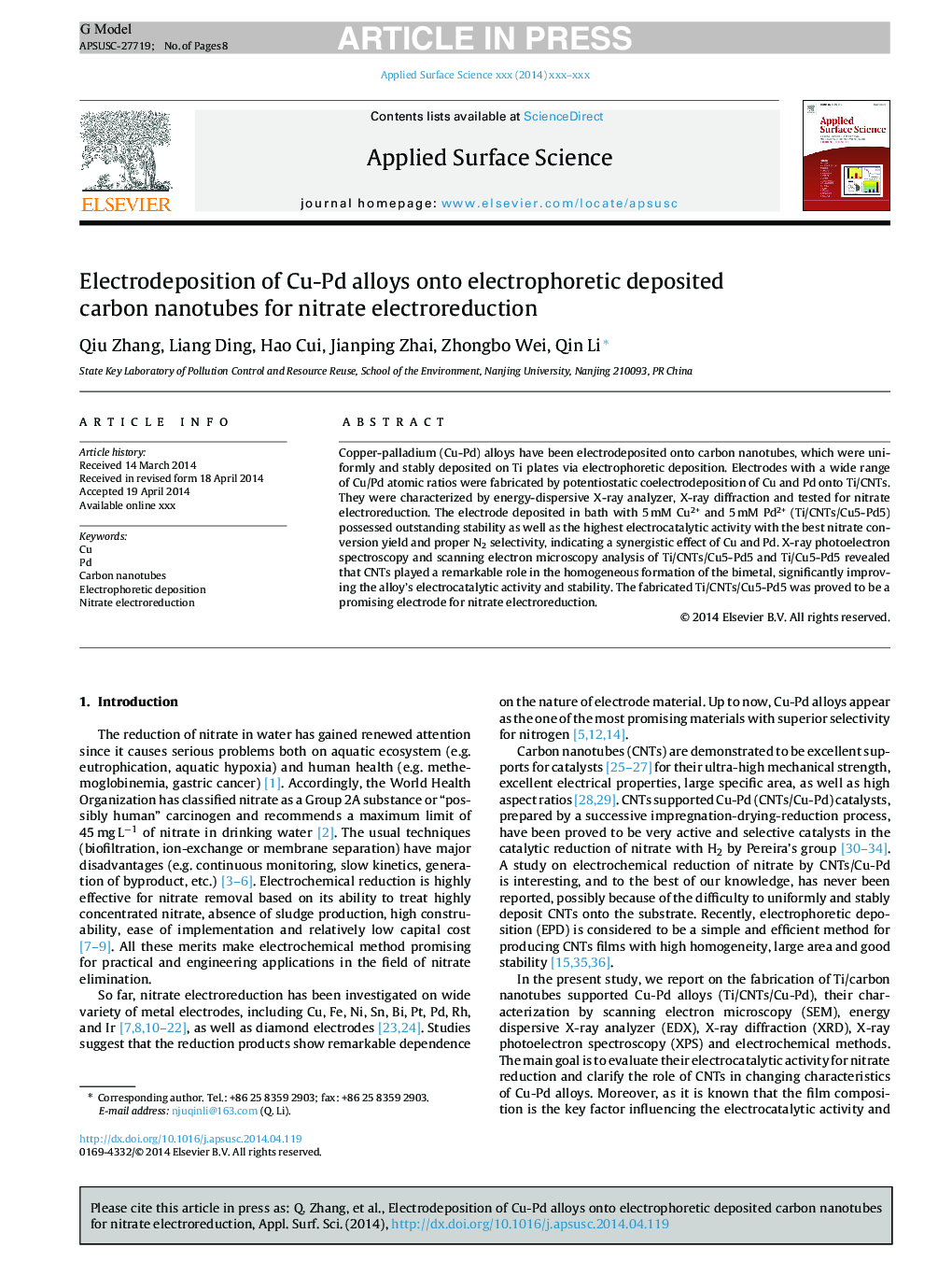 Electrodeposition of Cu-Pd alloys onto electrophoretic deposited carbon nanotubes for nitrate electroreduction