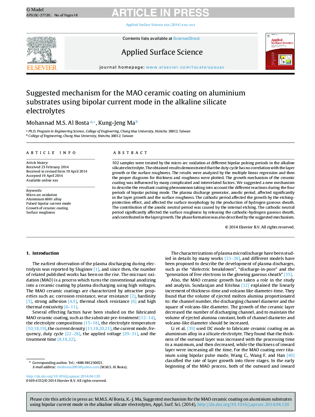 Suggested mechanism for the MAO ceramic coating on aluminium substrates using bipolar current mode in the alkaline silicate electrolytes