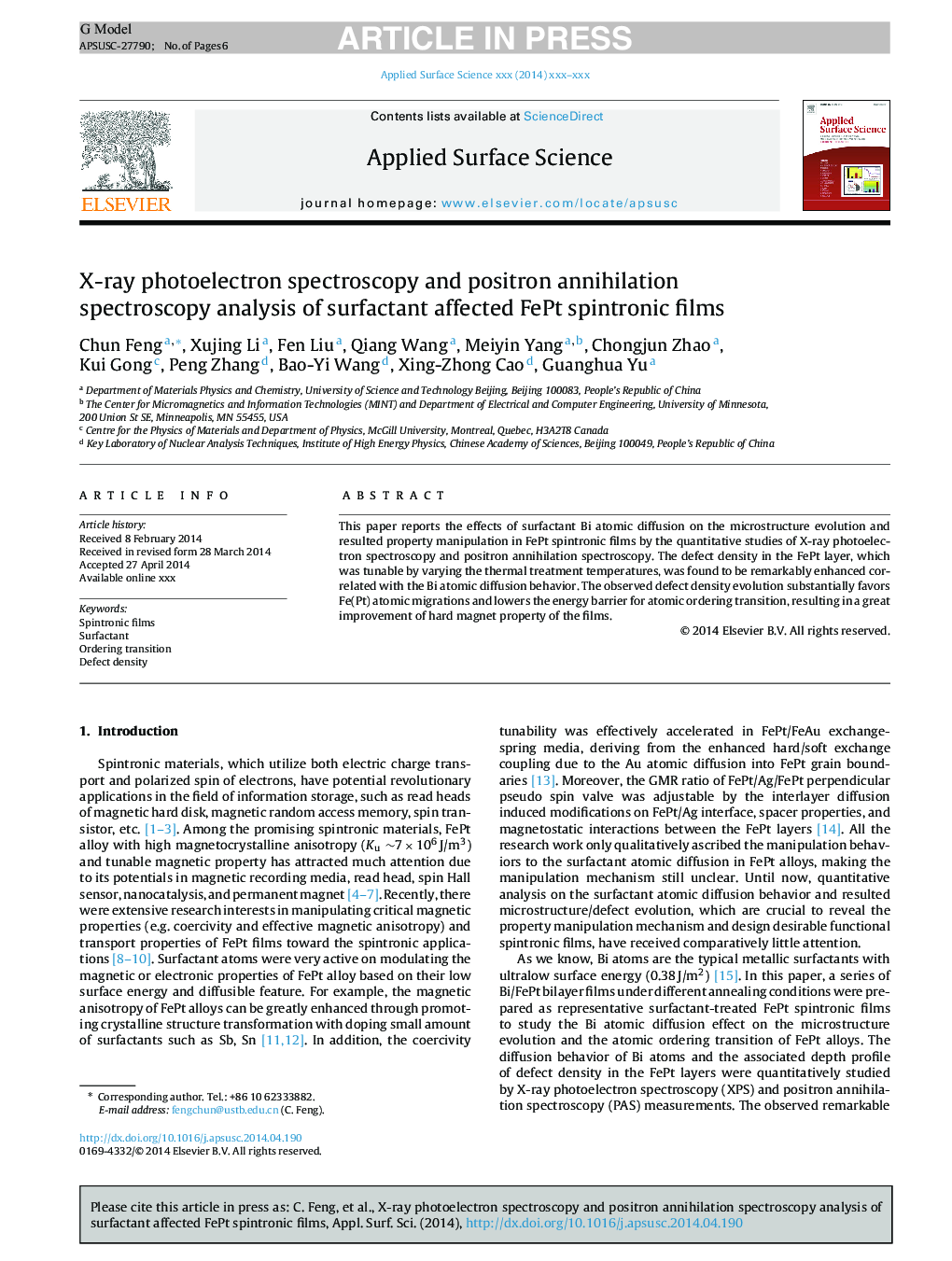 X-ray photoelectron spectroscopy and positron annihilation spectroscopy analysis of surfactant affected FePt spintronic films