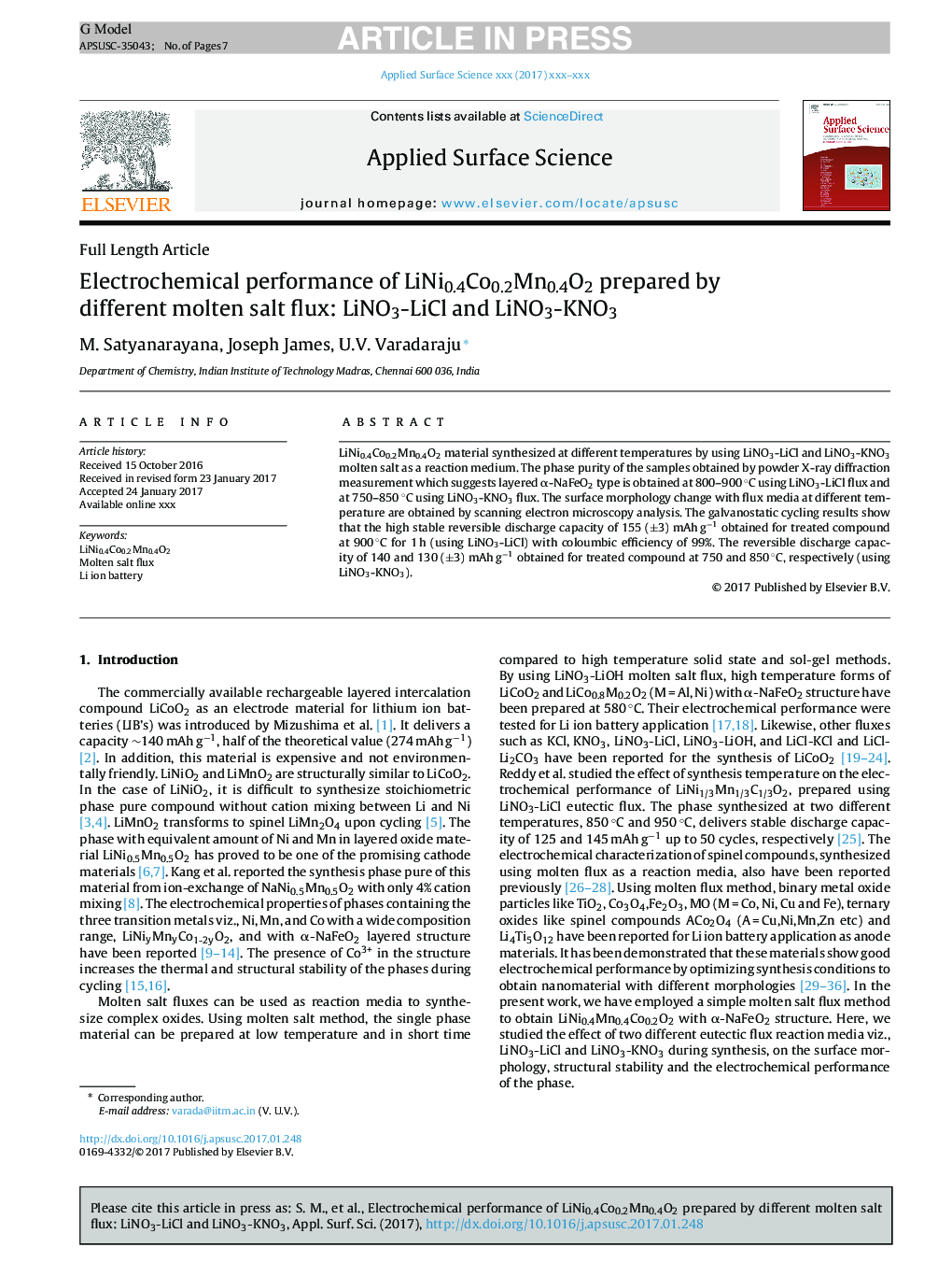 Electrochemical performance of LiNi0.4Co0.2Mn0.4O2 prepared by different molten salt flux: LiNO3-LiCl and LiNO3-KNO3