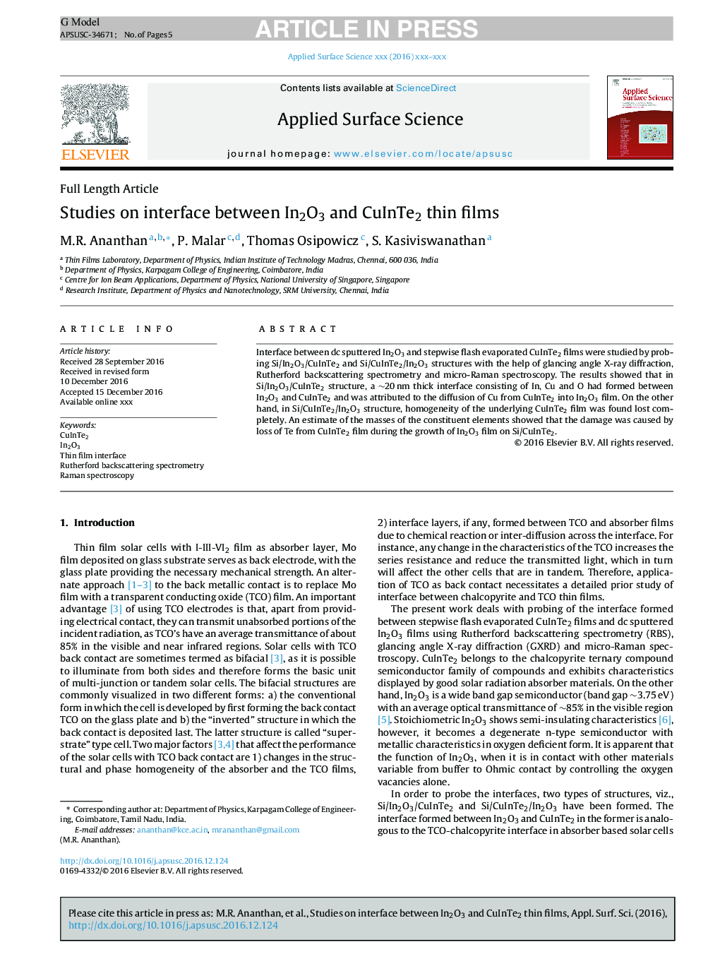 Studies on interface between In2O3 and CuInTe2 thin films