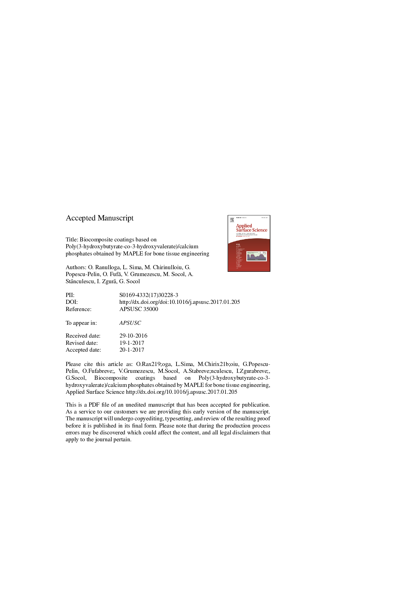 عکس صفحه اول مقاله: Biocomposite coatings based on Poly(3-hydroxybutyrate-co-3-hydroxyvalerate)/calcium phosphates obtained by MAPLE for bone tissue engineering Biocomposite coatings based on Poly(3-hydroxybutyrate-co-3-hydroxyvalerate)/calcium phosphates obtained by MAPLE for bone tissue engineering
