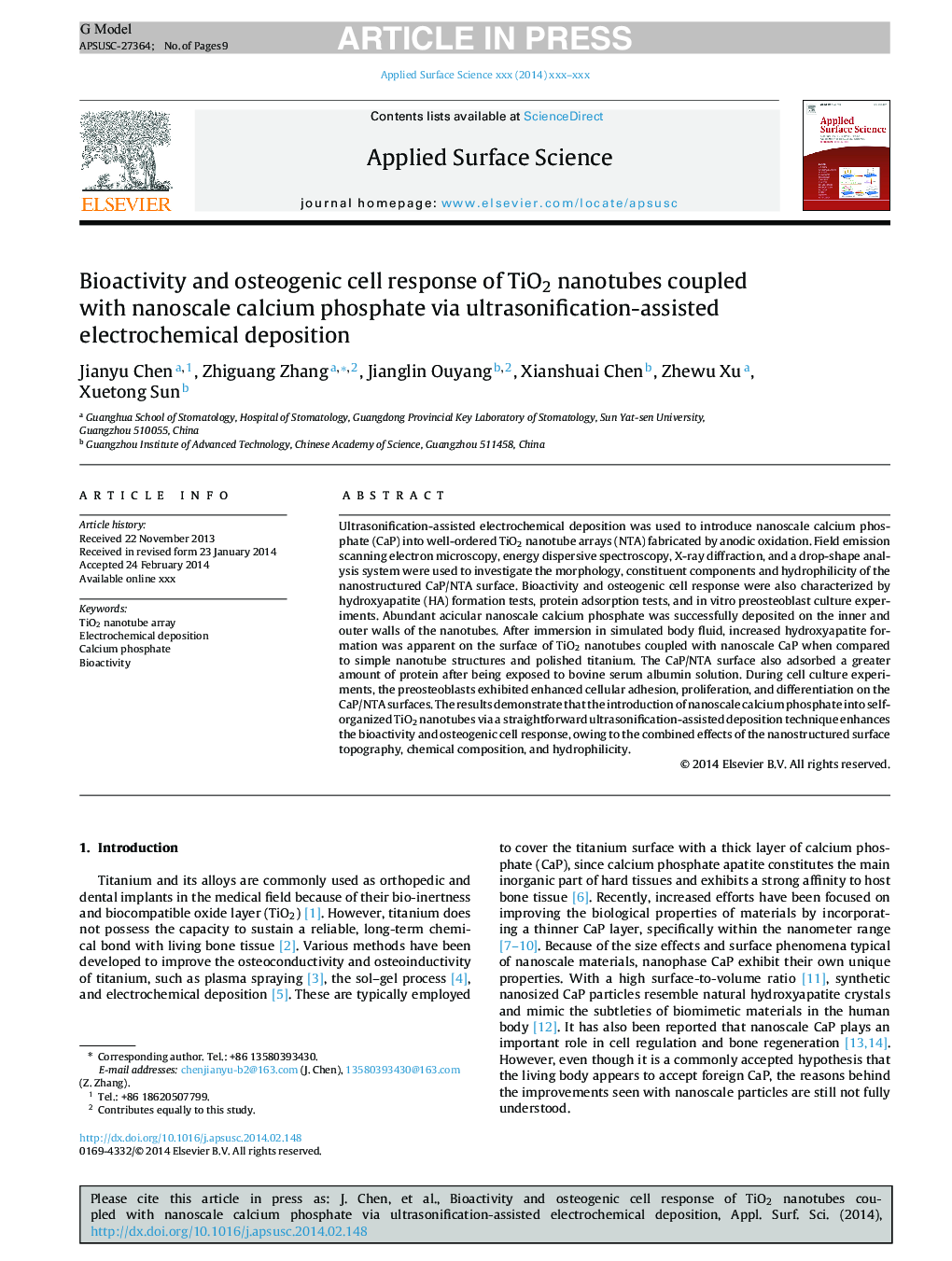 Bioactivity and osteogenic cell response of TiO2 nanotubes coupled with nanoscale calcium phosphate via ultrasonification-assisted electrochemical deposition