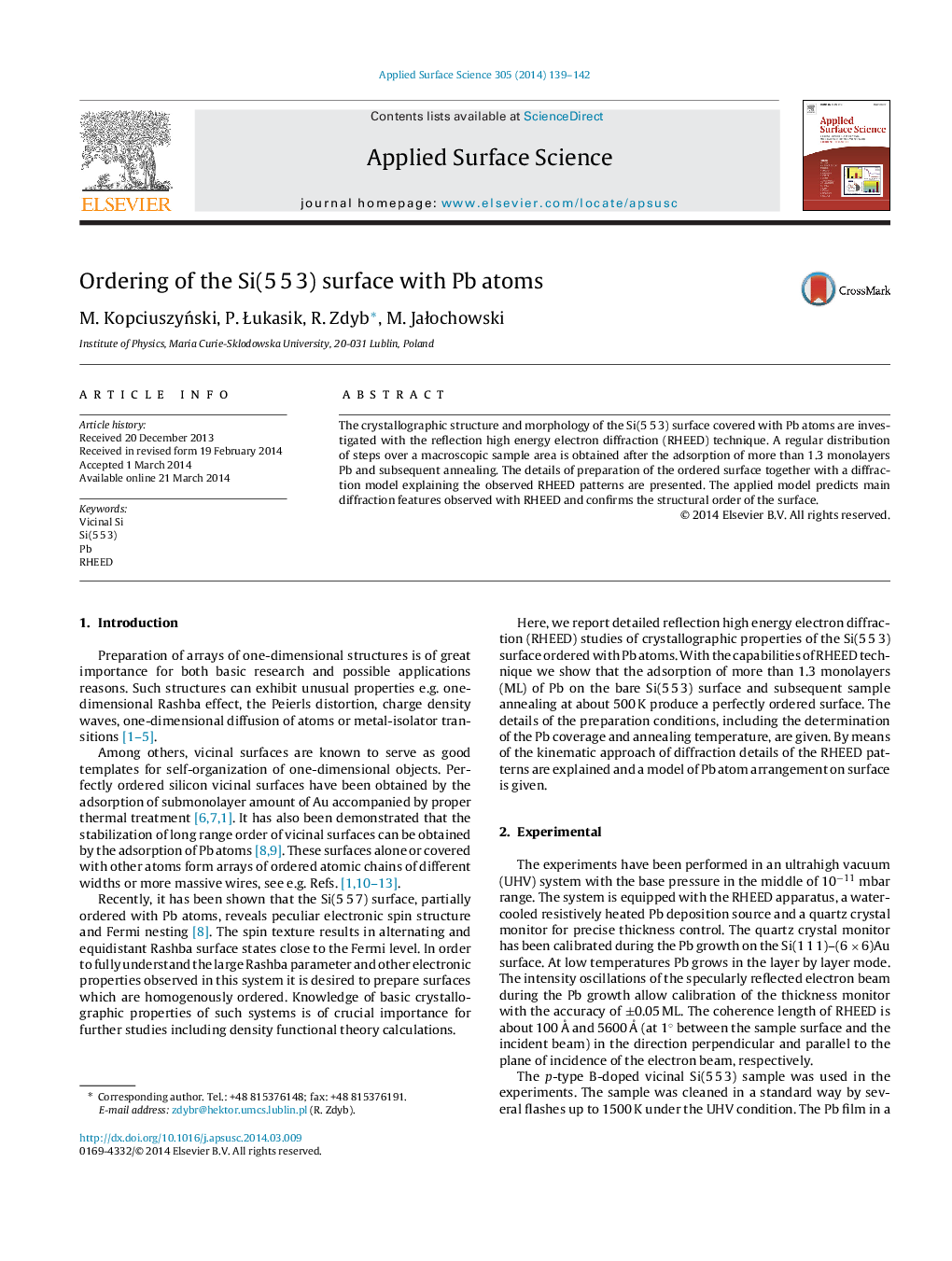 Ordering of the Si(5Â 5Â 3) surface with Pb atoms