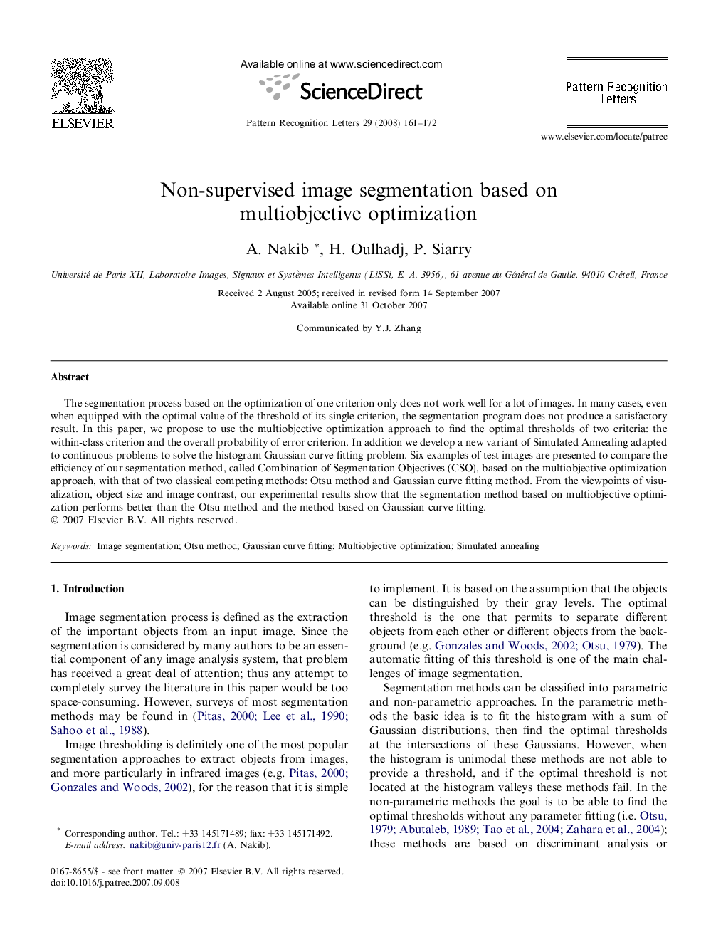 Non-supervised image segmentation based on multiobjective optimization