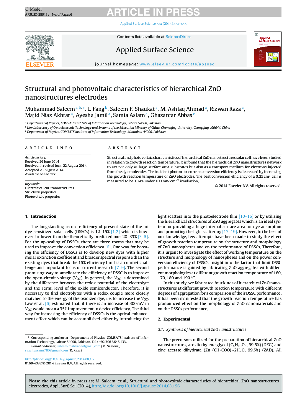 Structural and photovoltaic characteristics of hierarchical ZnO nanostructures electrodes