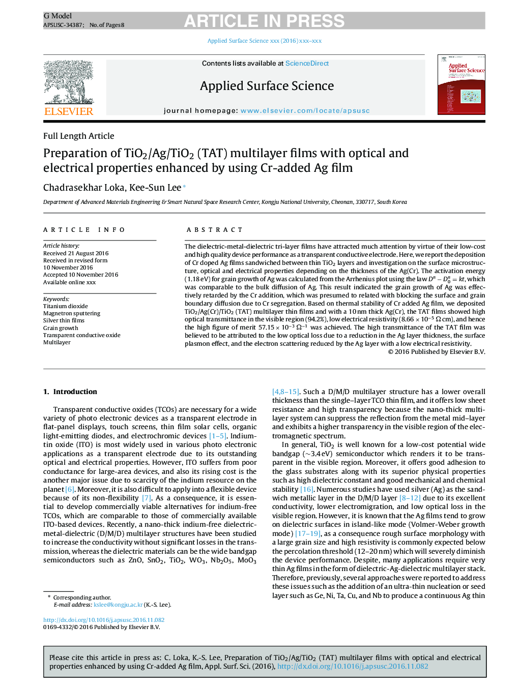 Preparation of TiO2/Ag/TiO2 (TAT) multilayer films with optical and electrical properties enhanced by using Cr-added Ag film