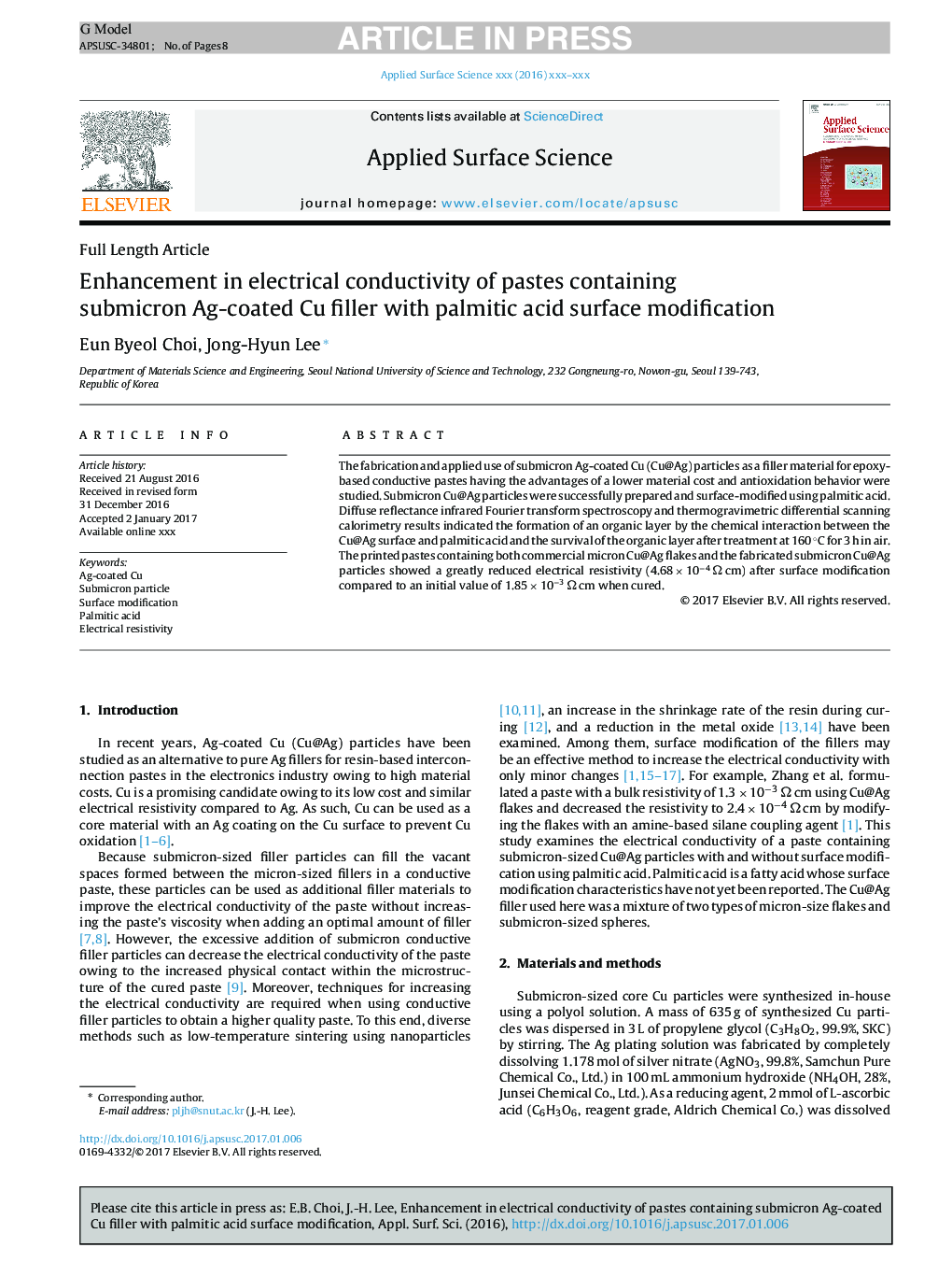 Enhancement in electrical conductivity of pastes containing submicron Ag-coated Cu filler with palmitic acid surface modification