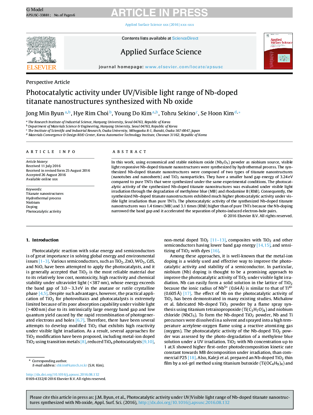 Photocatalytic activity under UV/Visible light range of Nb-doped titanate nanostructures synthesized with Nb oxide