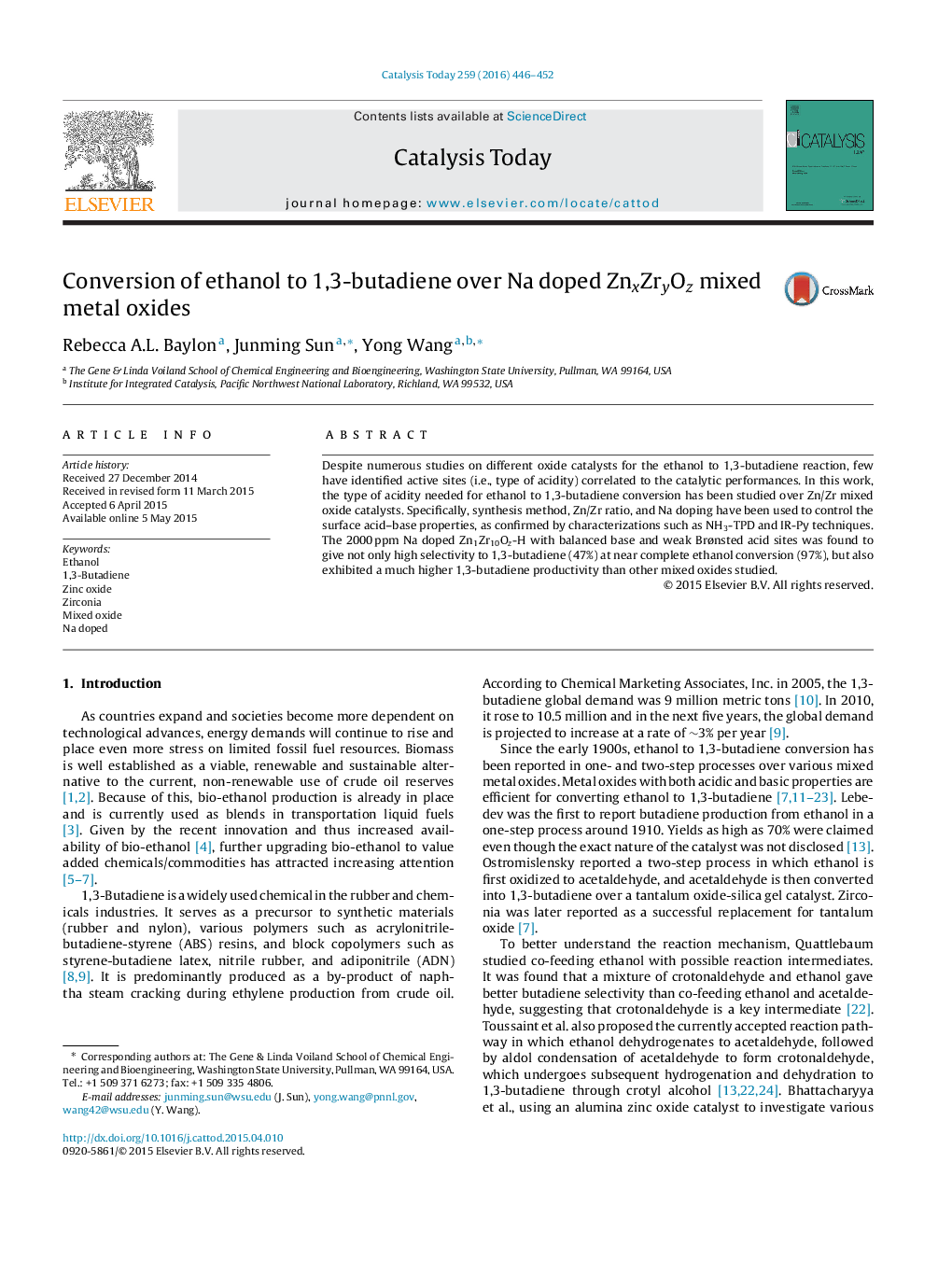 Conversion of ethanol to 1,3-butadiene over Na doped ZnxZryOz mixed metal oxides