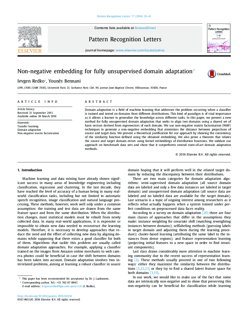 Non-negative embedding for fully unsupervised domain adaptation 