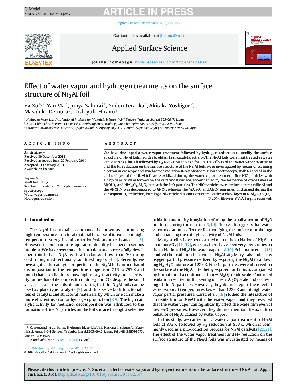 Effect of water vapor and hydrogen treatments on the surface structure of Ni3Al foil