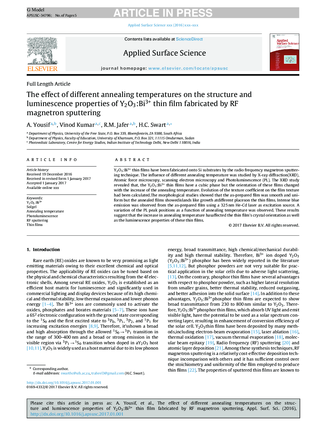 The effect of different annealing temperatures on the structure and luminescence properties of Y2O3:Bi3+ thin film fabricated by RF magnetron sputtering