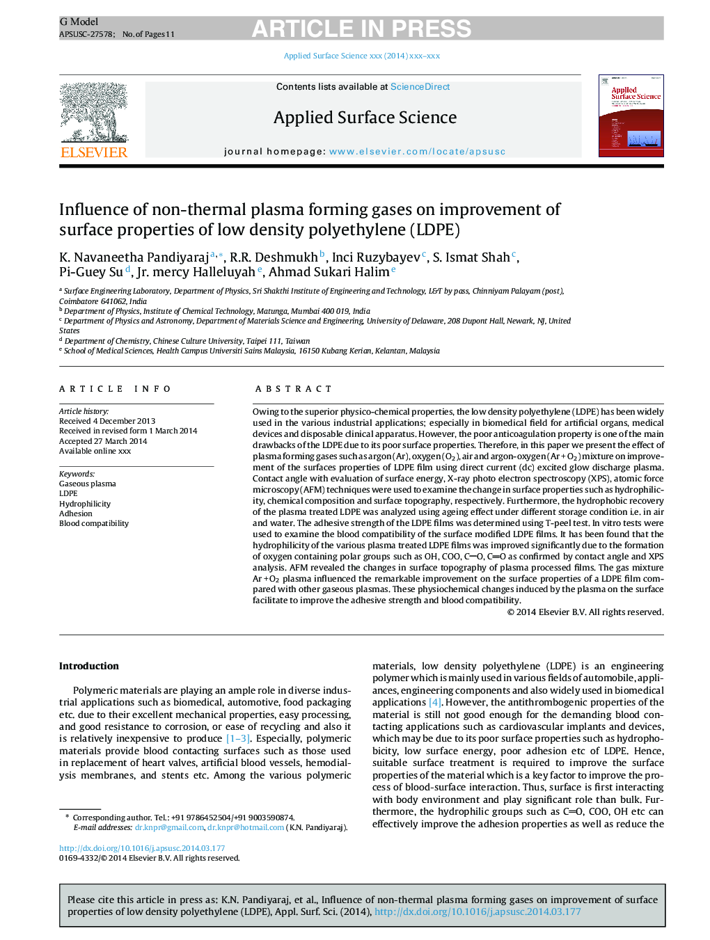 Influence of non-thermal plasma forming gases on improvement of surface properties of low density polyethylene (LDPE)