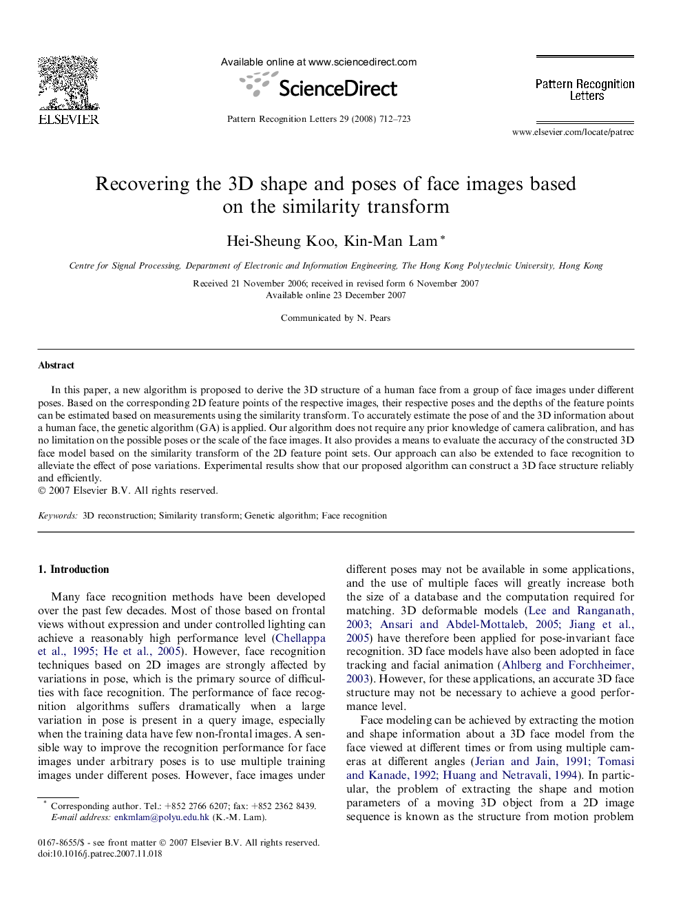 Recovering the 3D shape and poses of face images based on the similarity transform