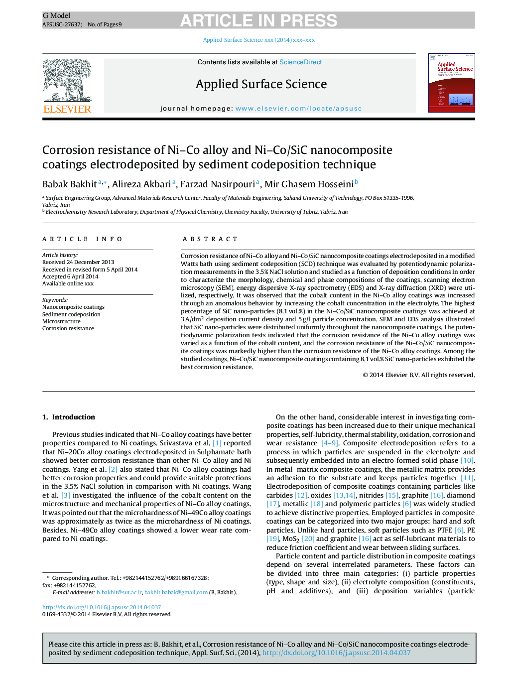 Corrosion resistance of Ni-Co alloy and Ni-Co/SiC nanocomposite coatings electrodeposited by sediment codeposition technique