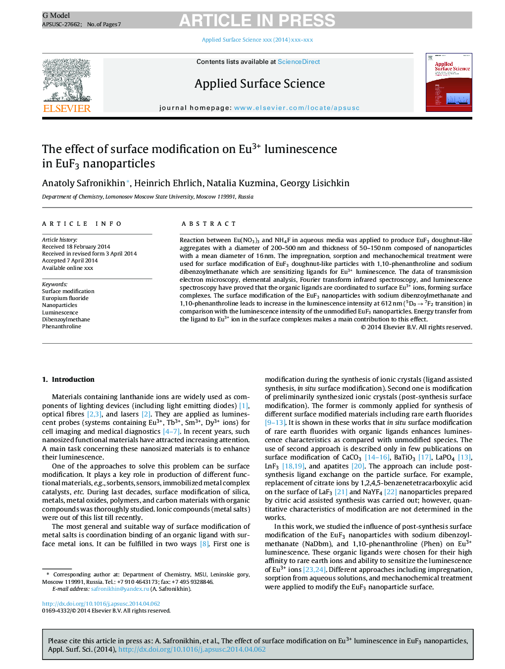 The effect of surface modification on Eu3+ luminescence in EuF3 nanoparticles