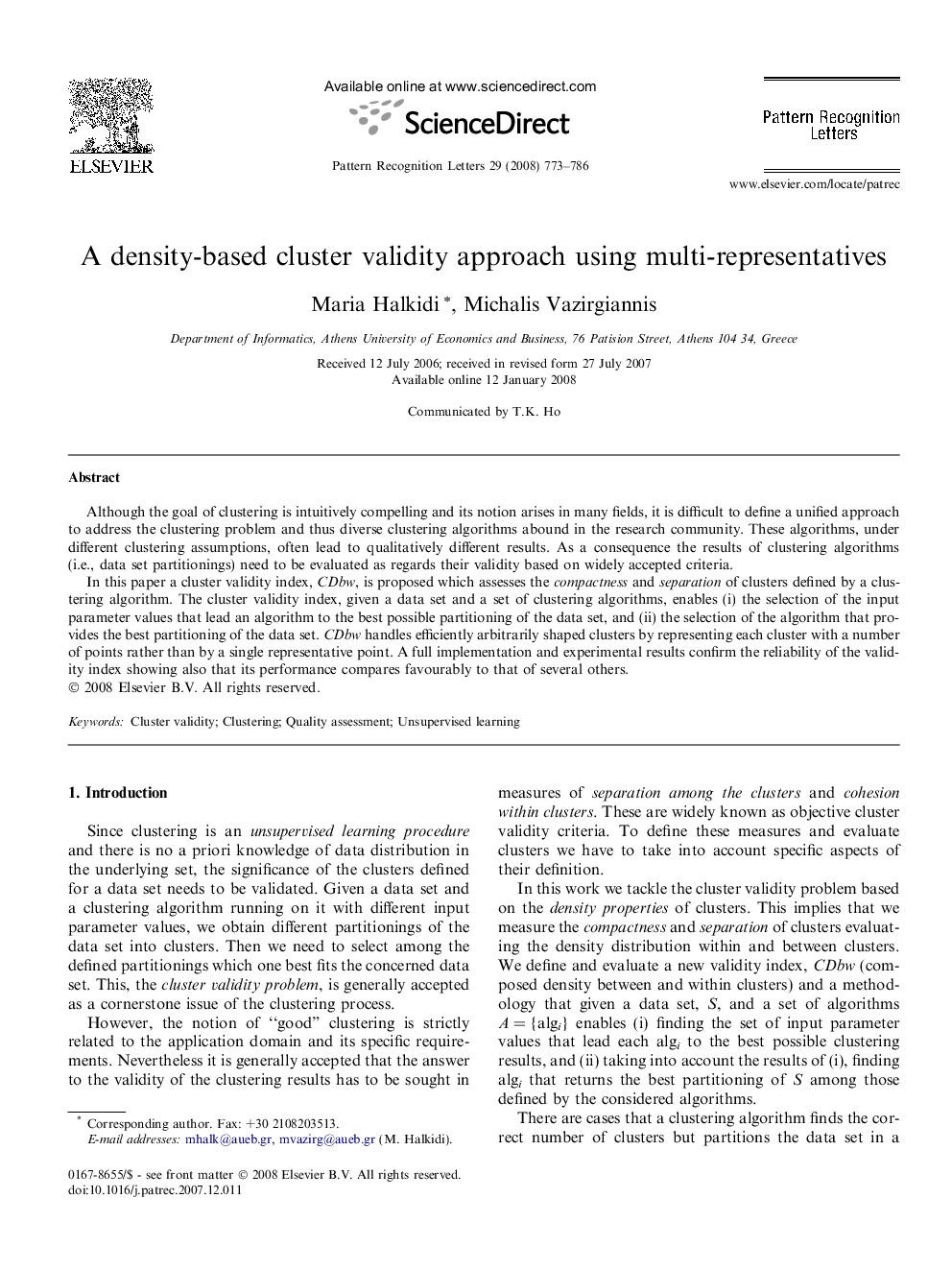 A density-based cluster validity approach using multi-representatives