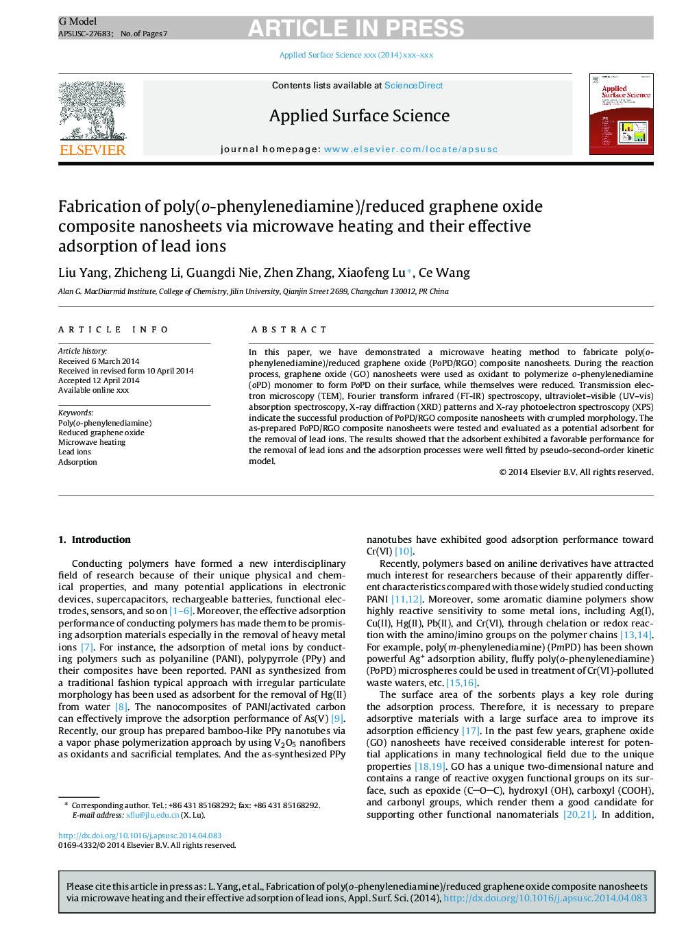 Fabrication of poly(o-phenylenediamine)/reduced graphene oxide composite nanosheets via microwave heating and their effective adsorption of lead ions