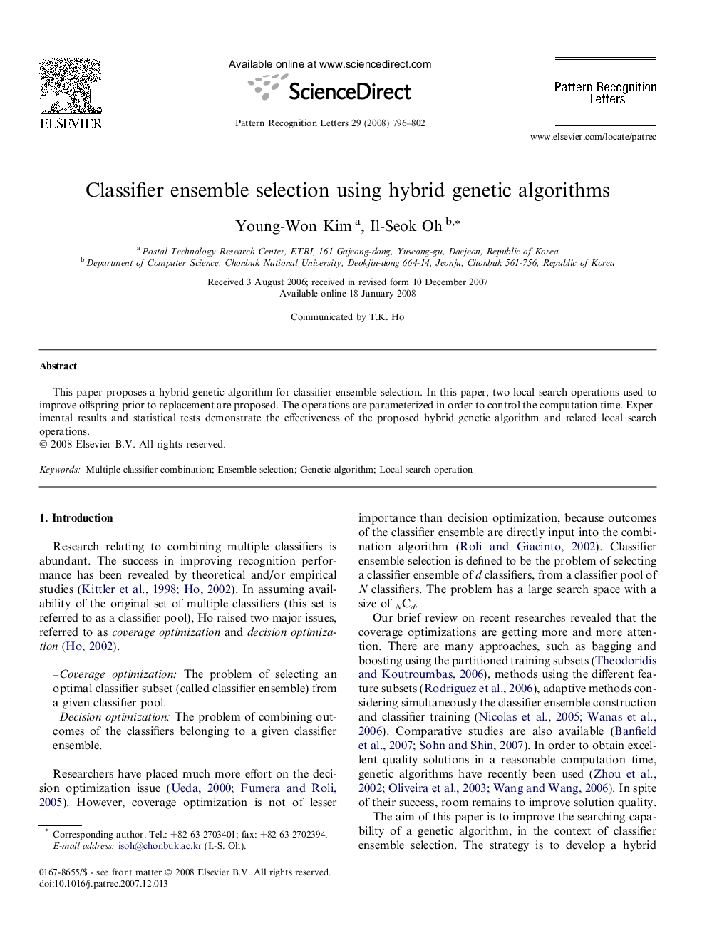 Classifier ensemble selection using hybrid genetic algorithms