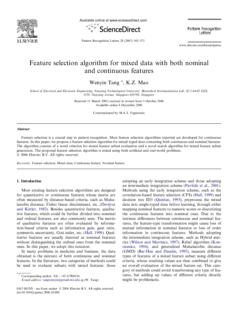 Feature selection algorithm for mixed data with both nominal and continuous features