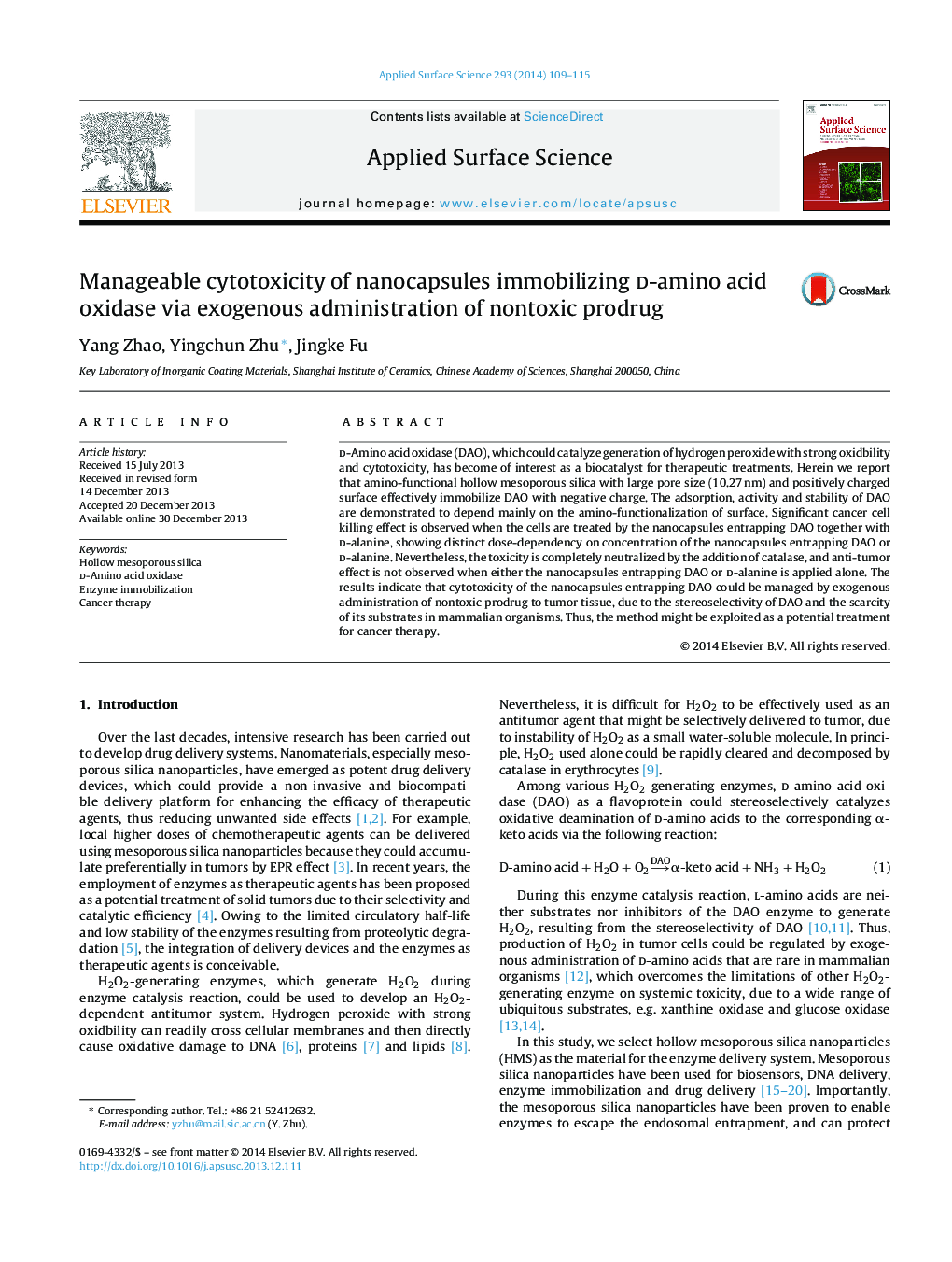 Manageable cytotoxicity of nanocapsules immobilizing d-amino acid oxidase via exogenous administration of nontoxic prodrug