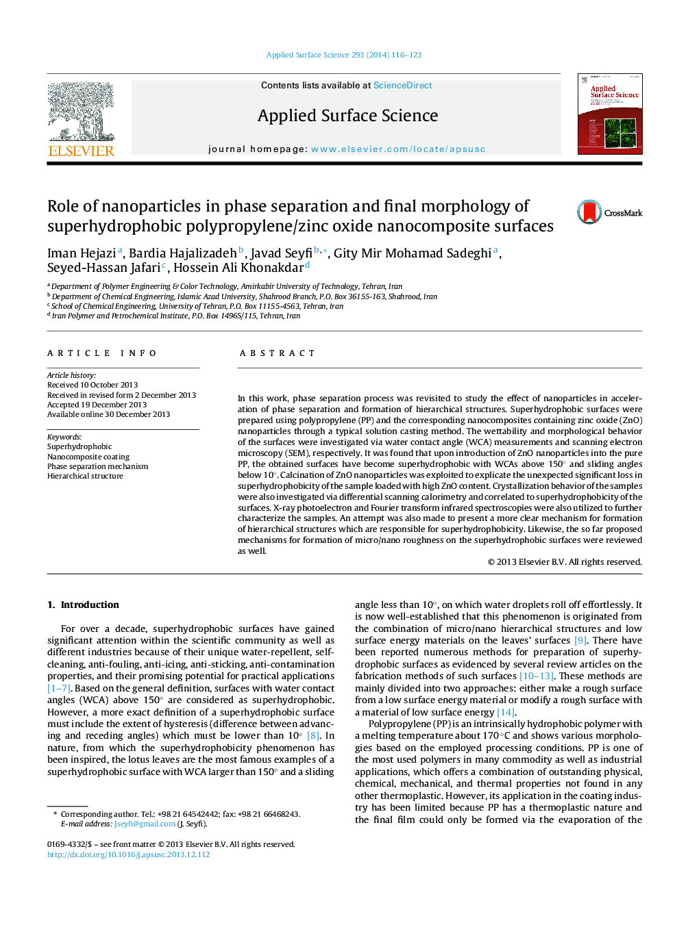 Role of nanoparticles in phase separation and final morphology of superhydrophobic polypropylene/zinc oxide nanocomposite surfaces