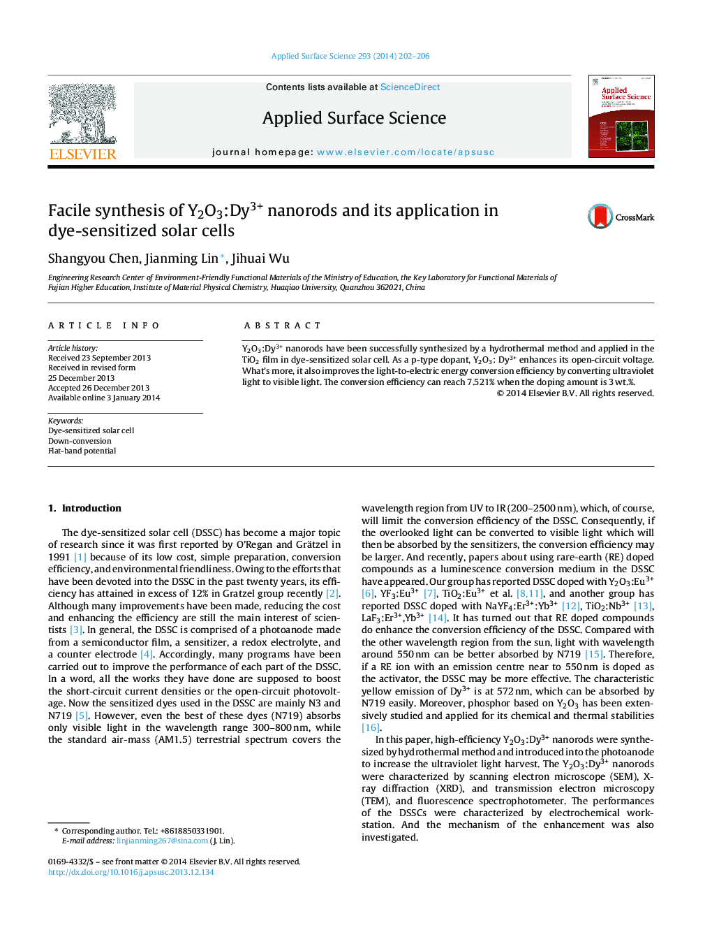 Facile synthesis of Y2O3:Dy3+ nanorods and its application in dye-sensitized solar cells