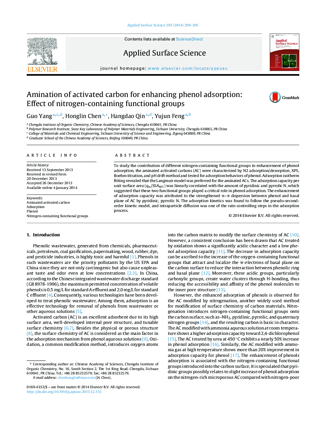 Amination of activated carbon for enhancing phenol adsorption: Effect of nitrogen-containing functional groups