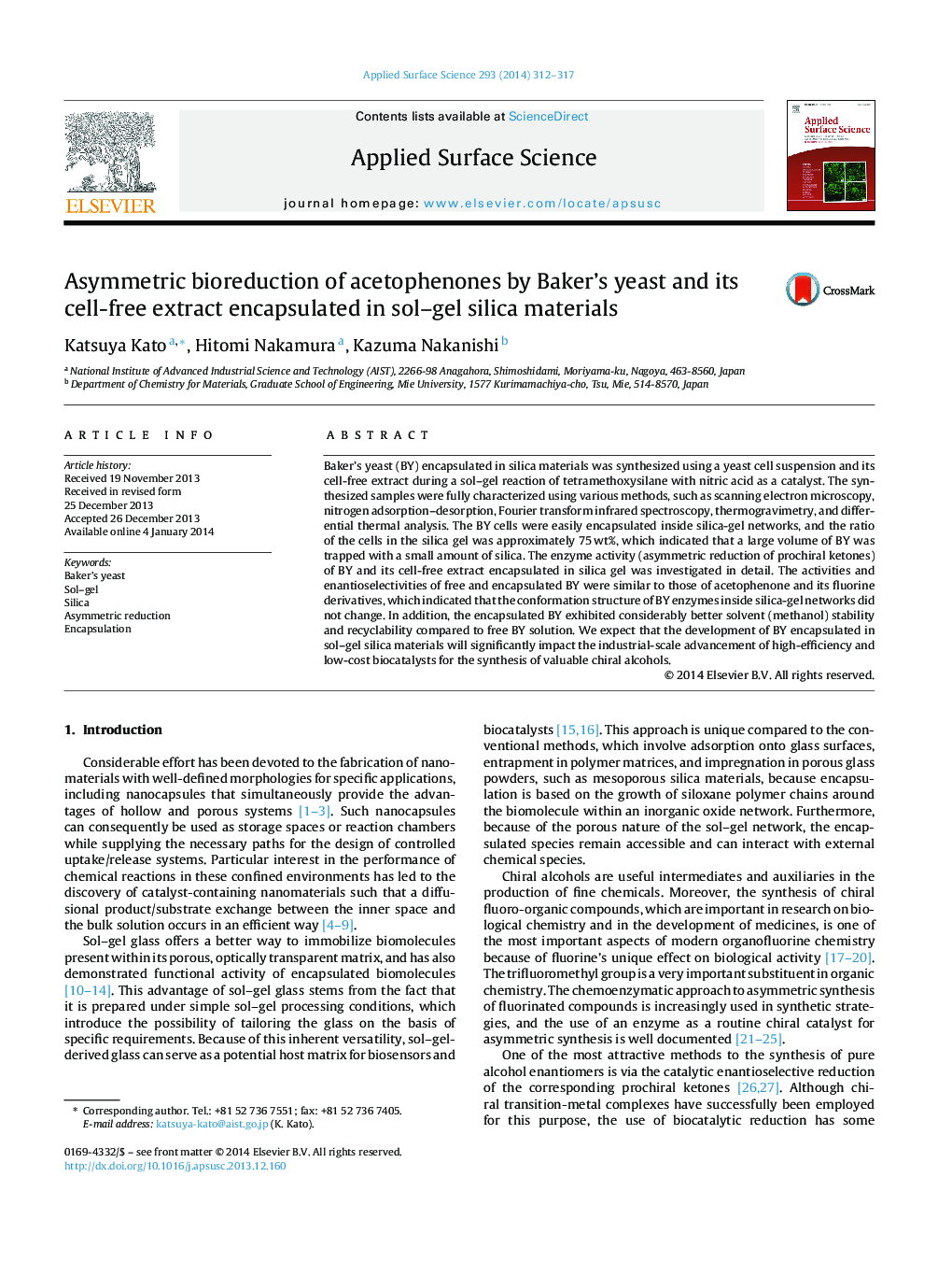 Asymmetric bioreduction of acetophenones by Baker's yeast and its cell-free extract encapsulated in sol-gel silica materials