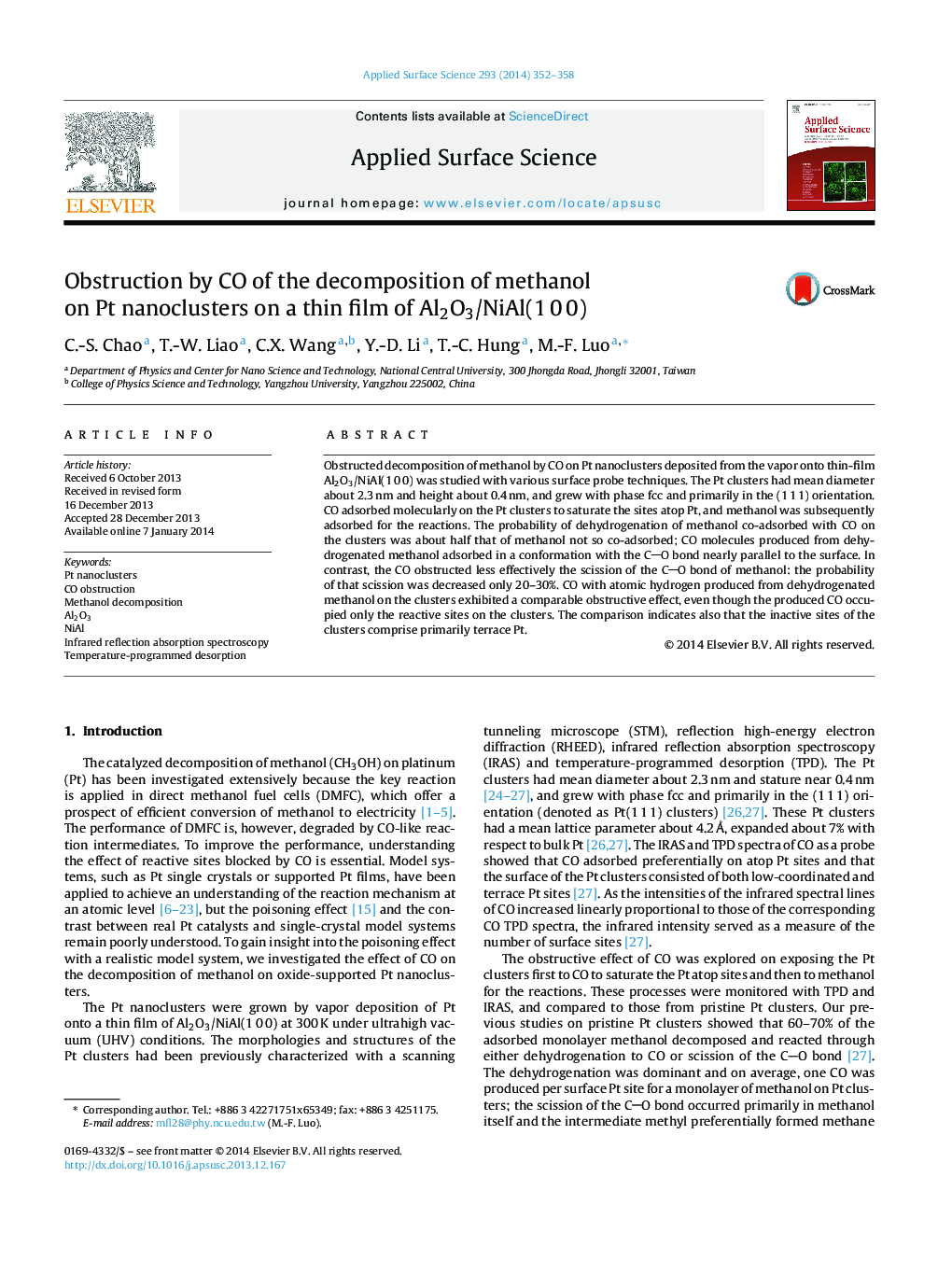 Obstruction by CO of the decomposition of methanol on Pt nanoclusters on a thin film of Al2O3/NiAl(1Â 0Â 0)