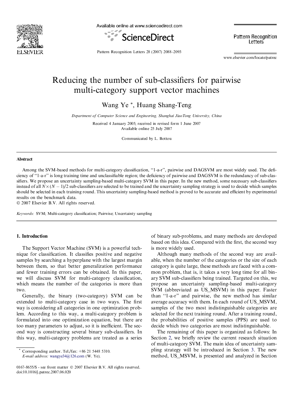 Reducing the number of sub-classifiers for pairwise multi-category support vector machines