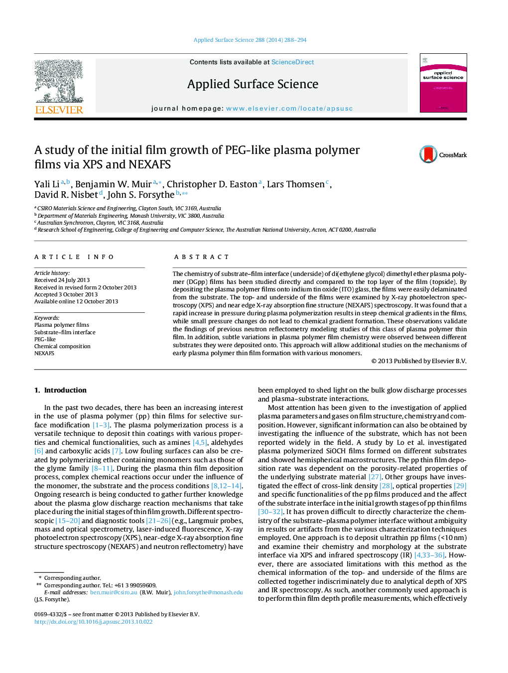 A study of the initial film growth of PEG-like plasma polymer films via XPS and NEXAFS