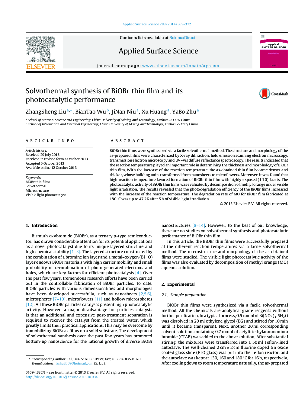 Solvothermal synthesis of BiOBr thin film and its photocatalytic performance