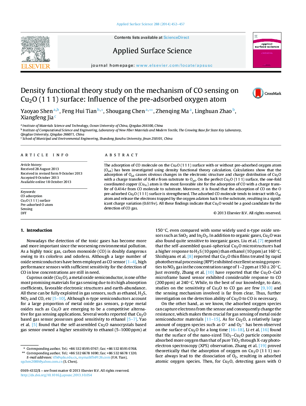 Density functional theory study on the mechanism of CO sensing on Cu2O (1Â 1Â 1) surface: Influence of the pre-adsorbed oxygen atom