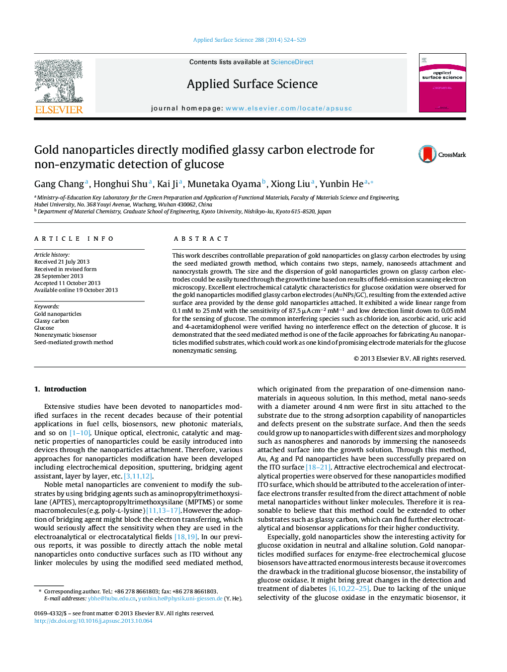 Gold nanoparticles directly modified glassy carbon electrode for non-enzymatic detection of glucose